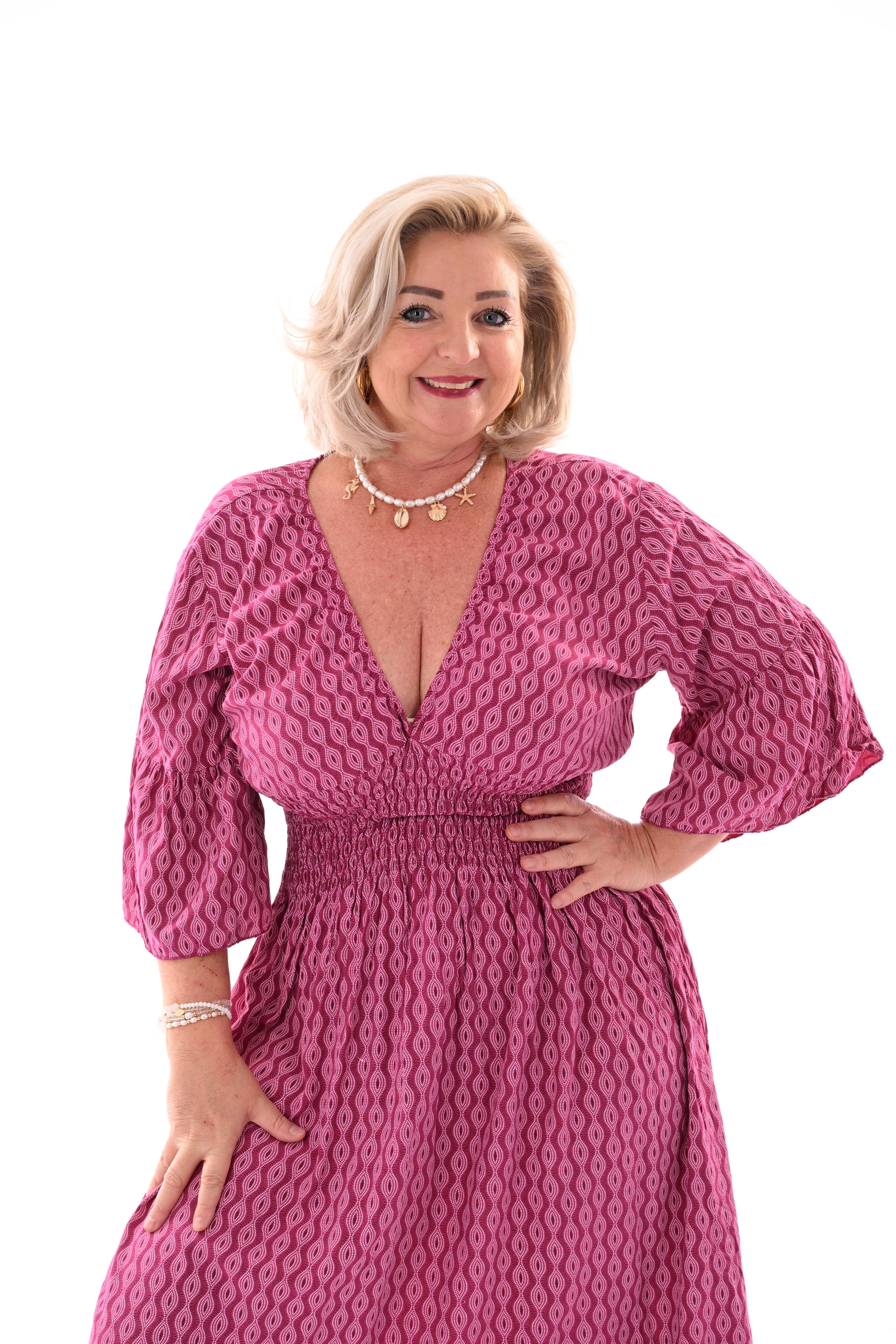 Midi jurk v-hals wave patroon magenta