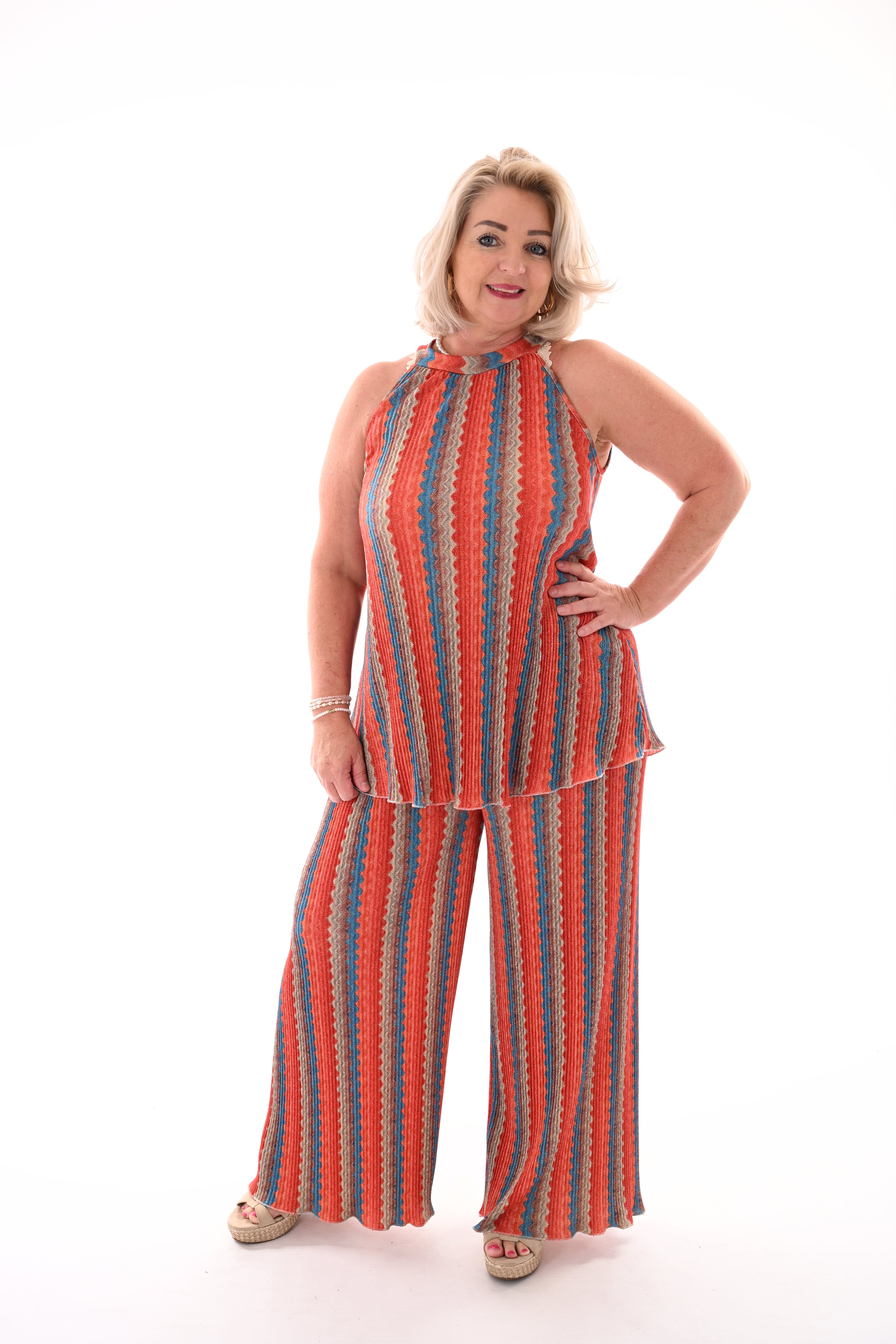 Tweedelig set plisse golf strepen oranje/blauw