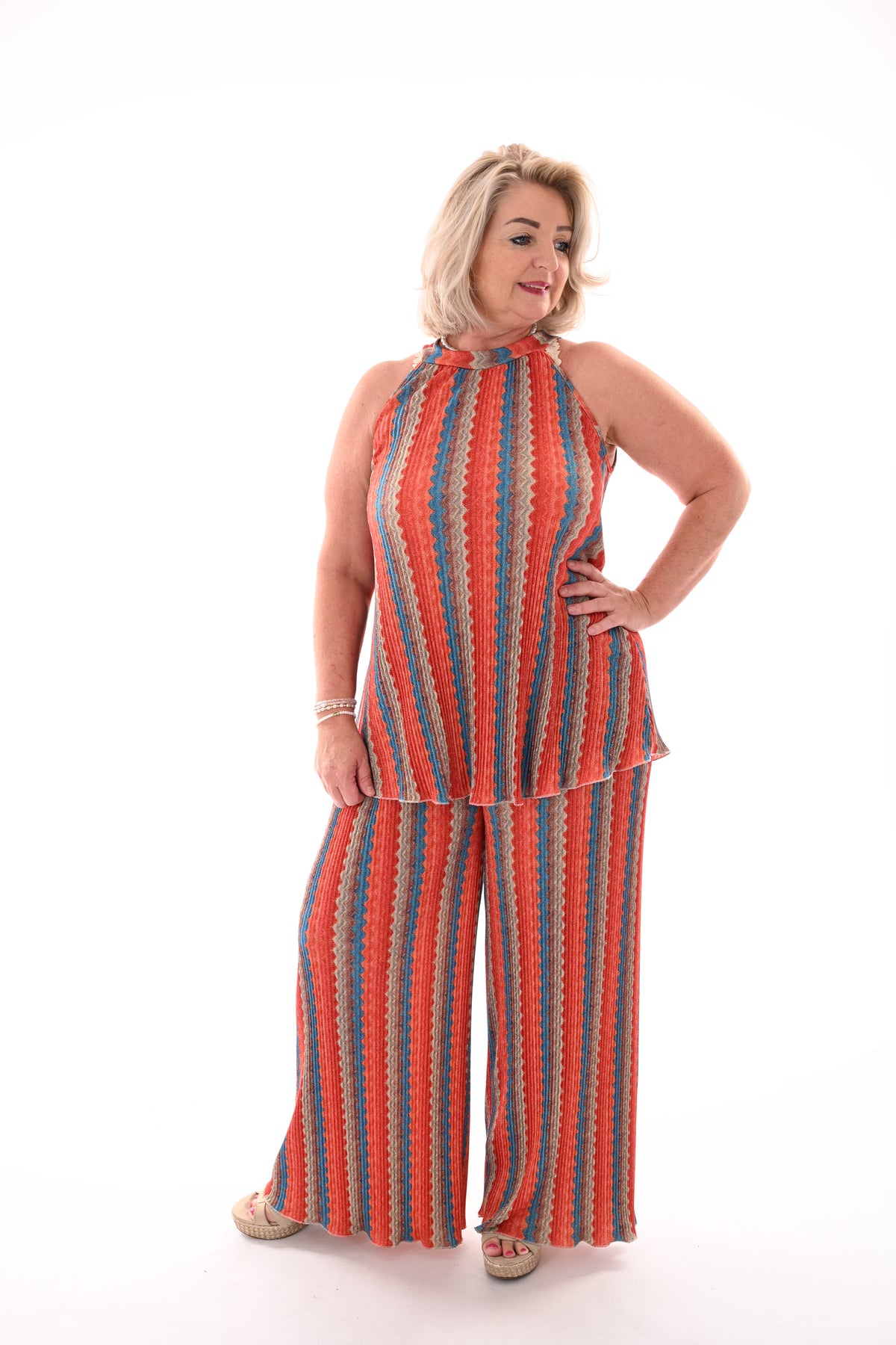 Tweedelig set plisse golf strepen oranje/blauw
