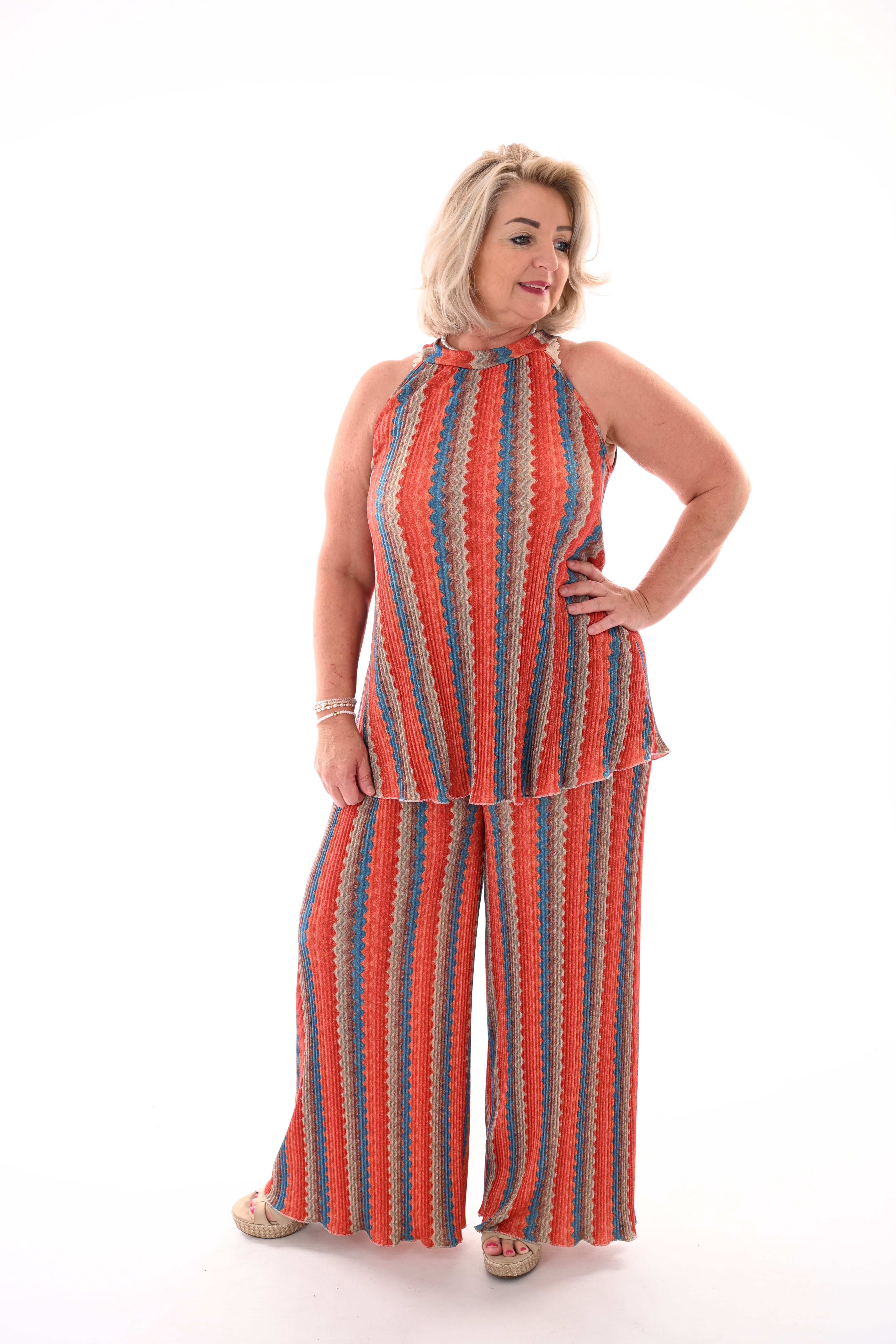 Tweedelig set plisse golf strepen oranje/blauw