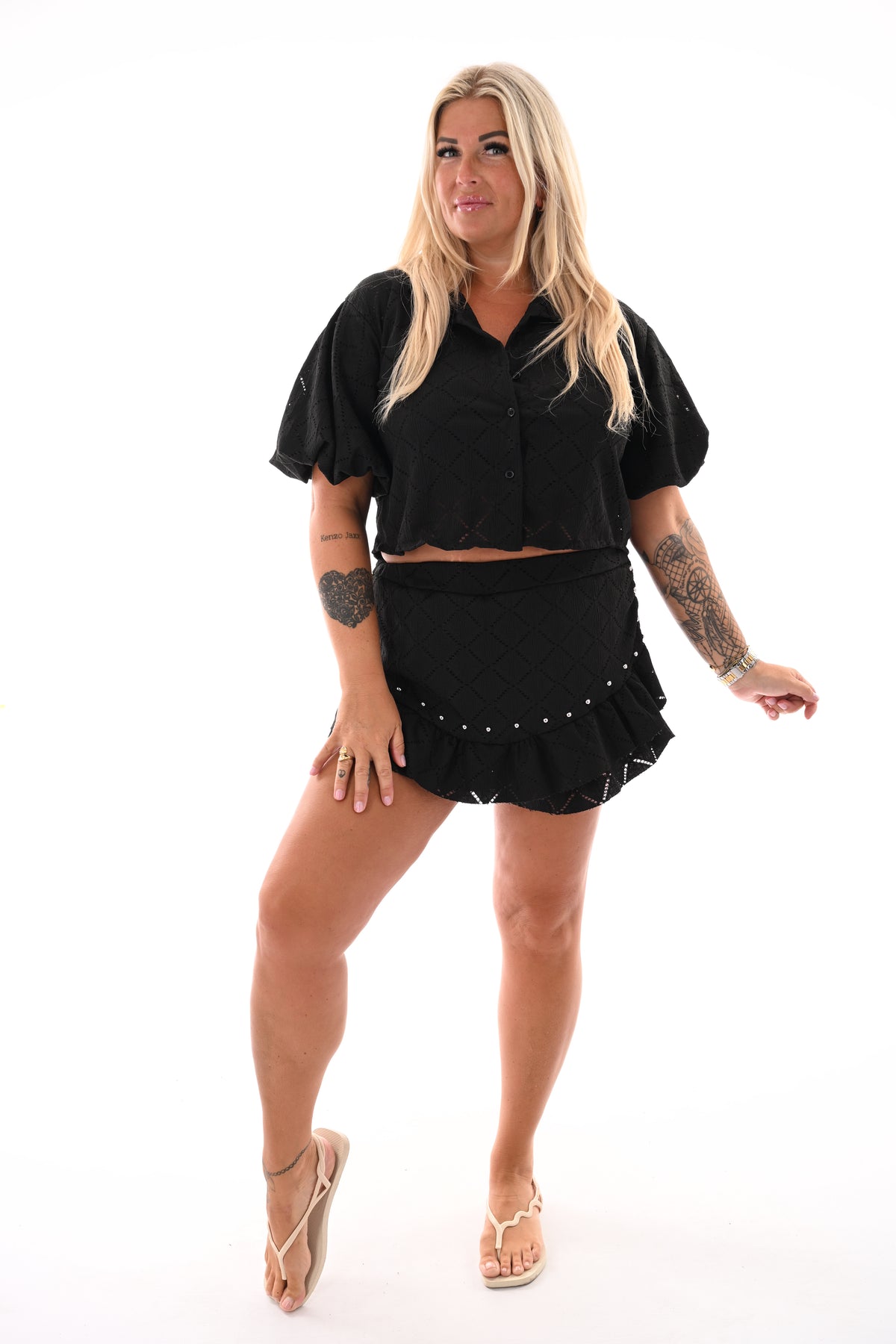 Twinset skort doorknoop blouse met studs zwart