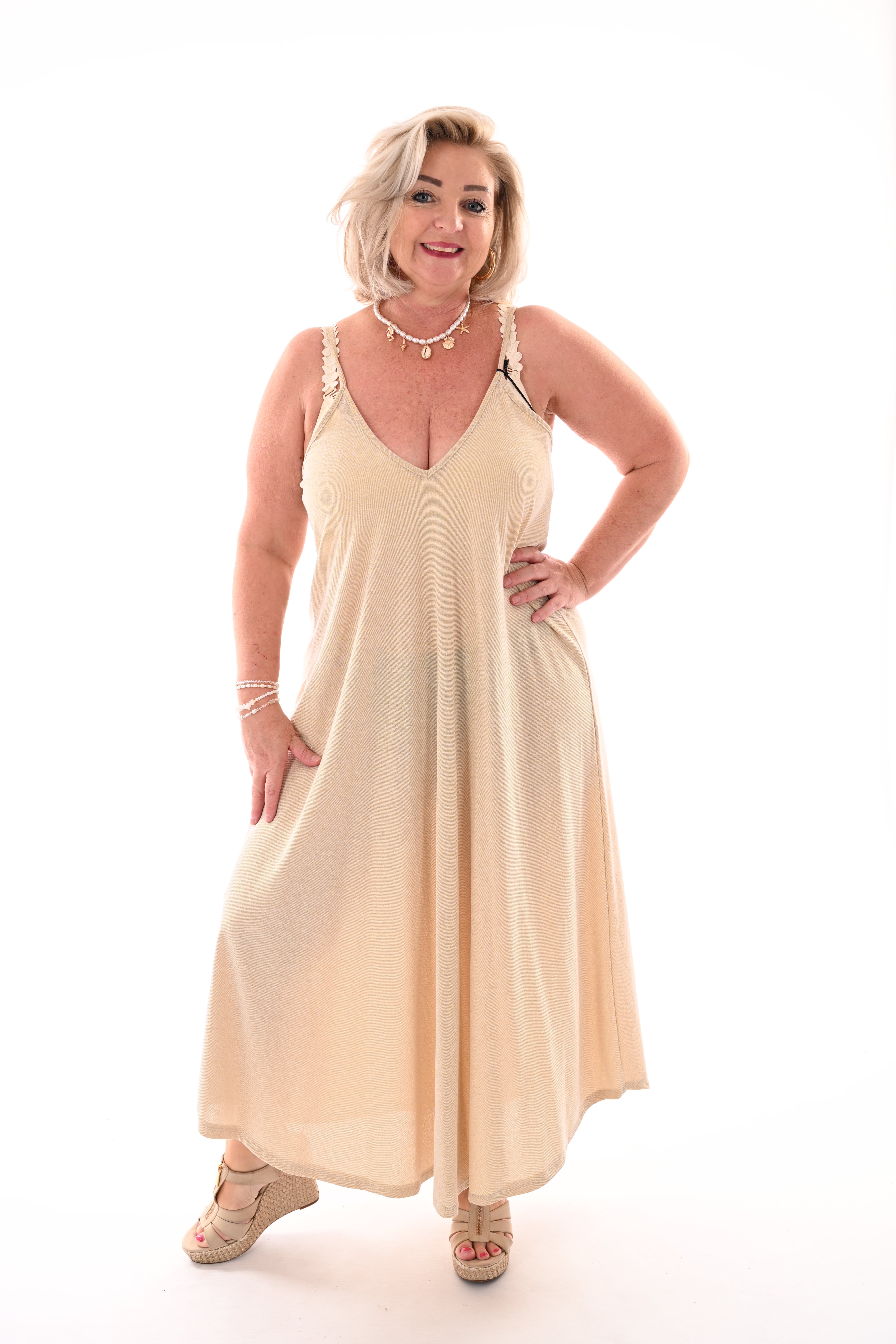 Lange jurk spaghetti bandjes lurex beige