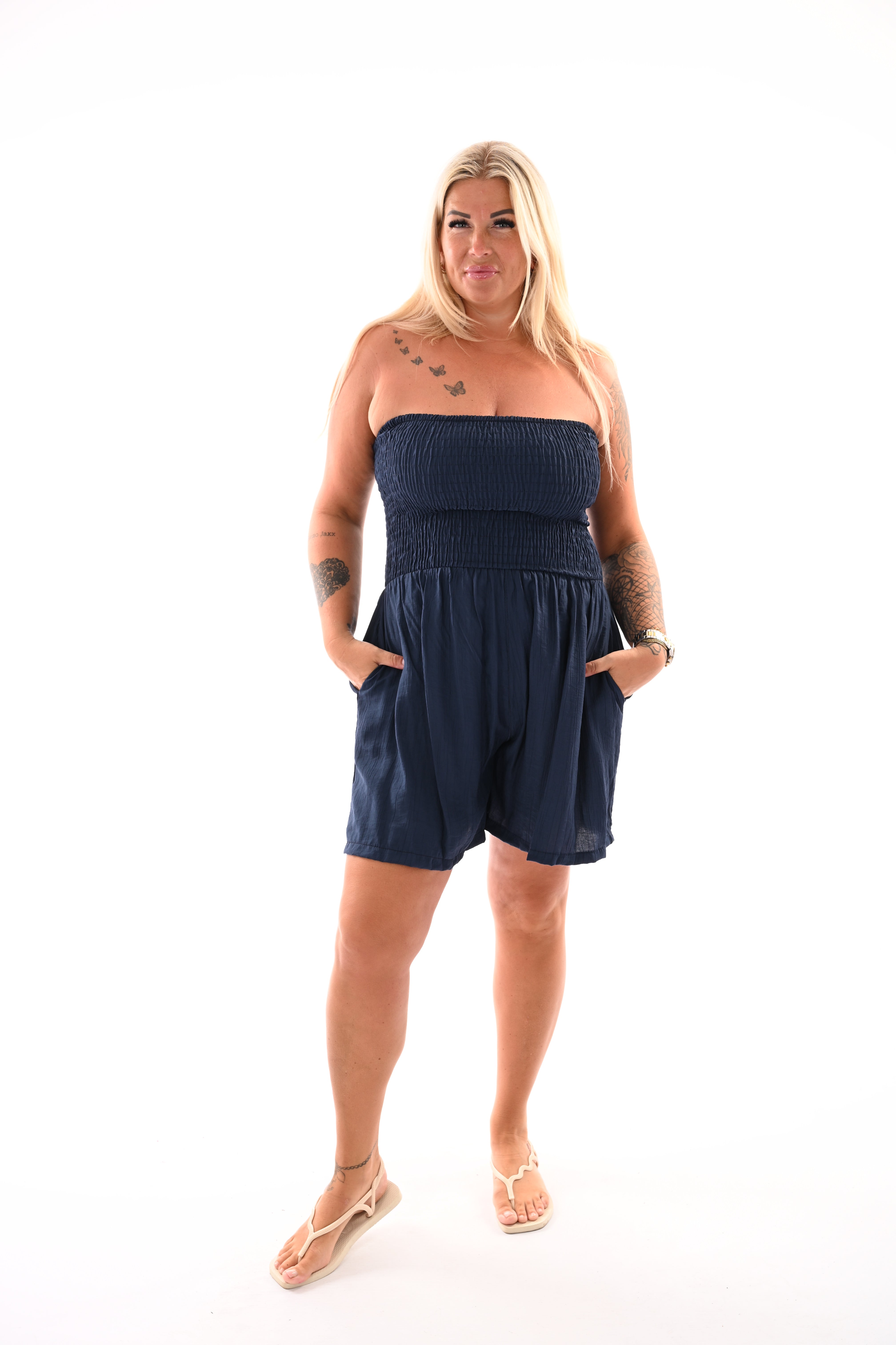 Strapless playsuit met zakken marineblauw