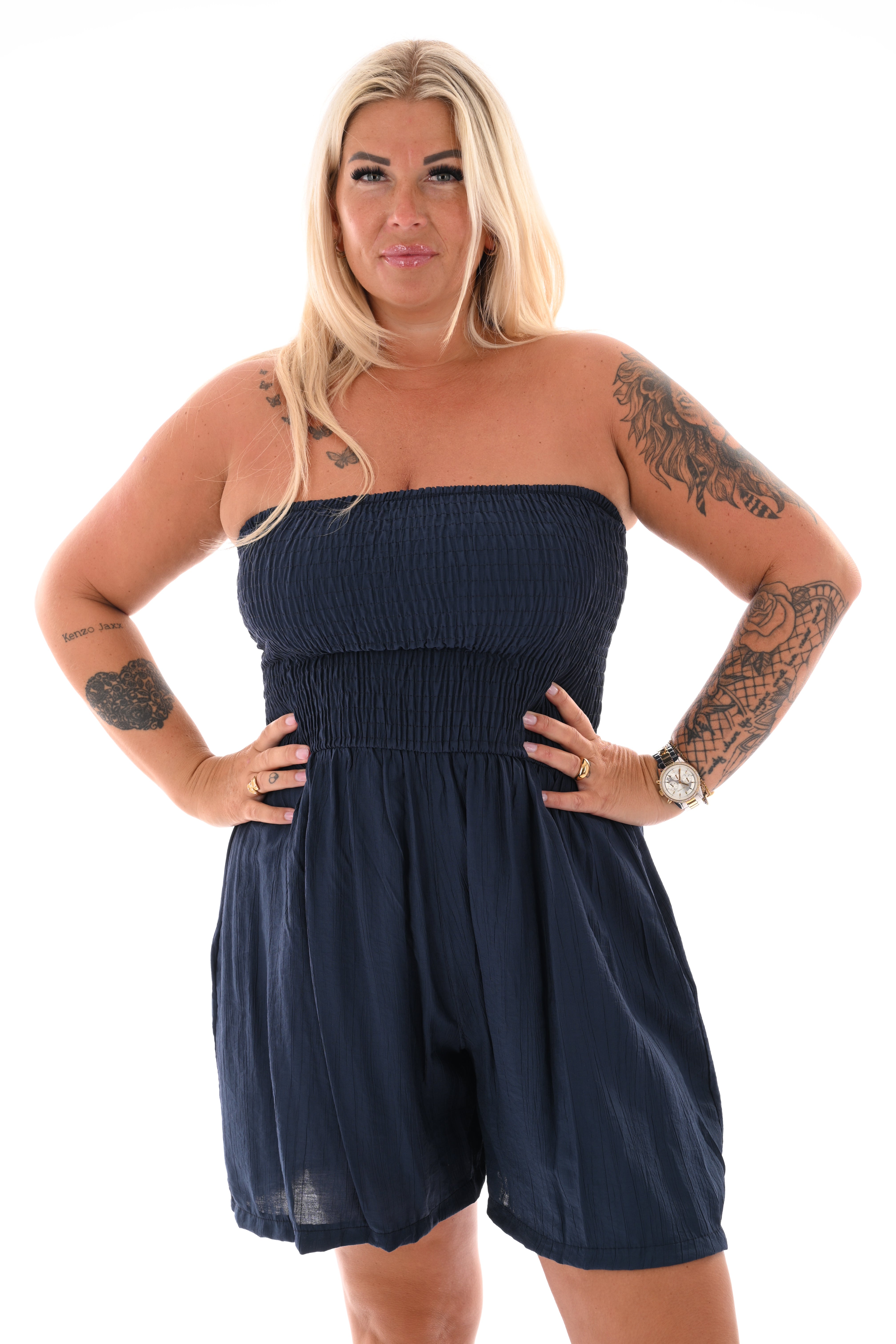 Strapless playsuit met zakken marineblauw