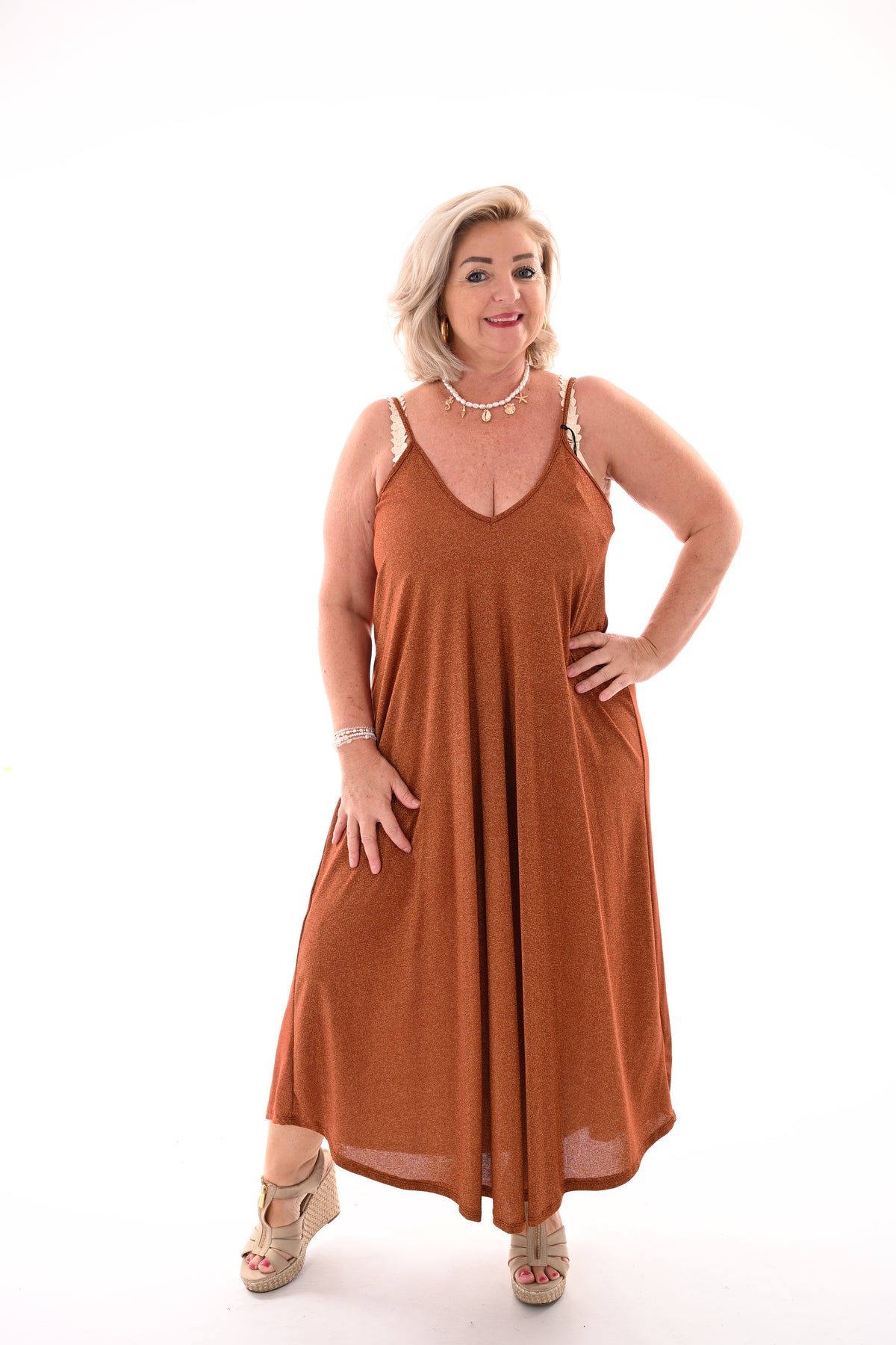 Lange jurk spaghetti bandjes lurex oranje