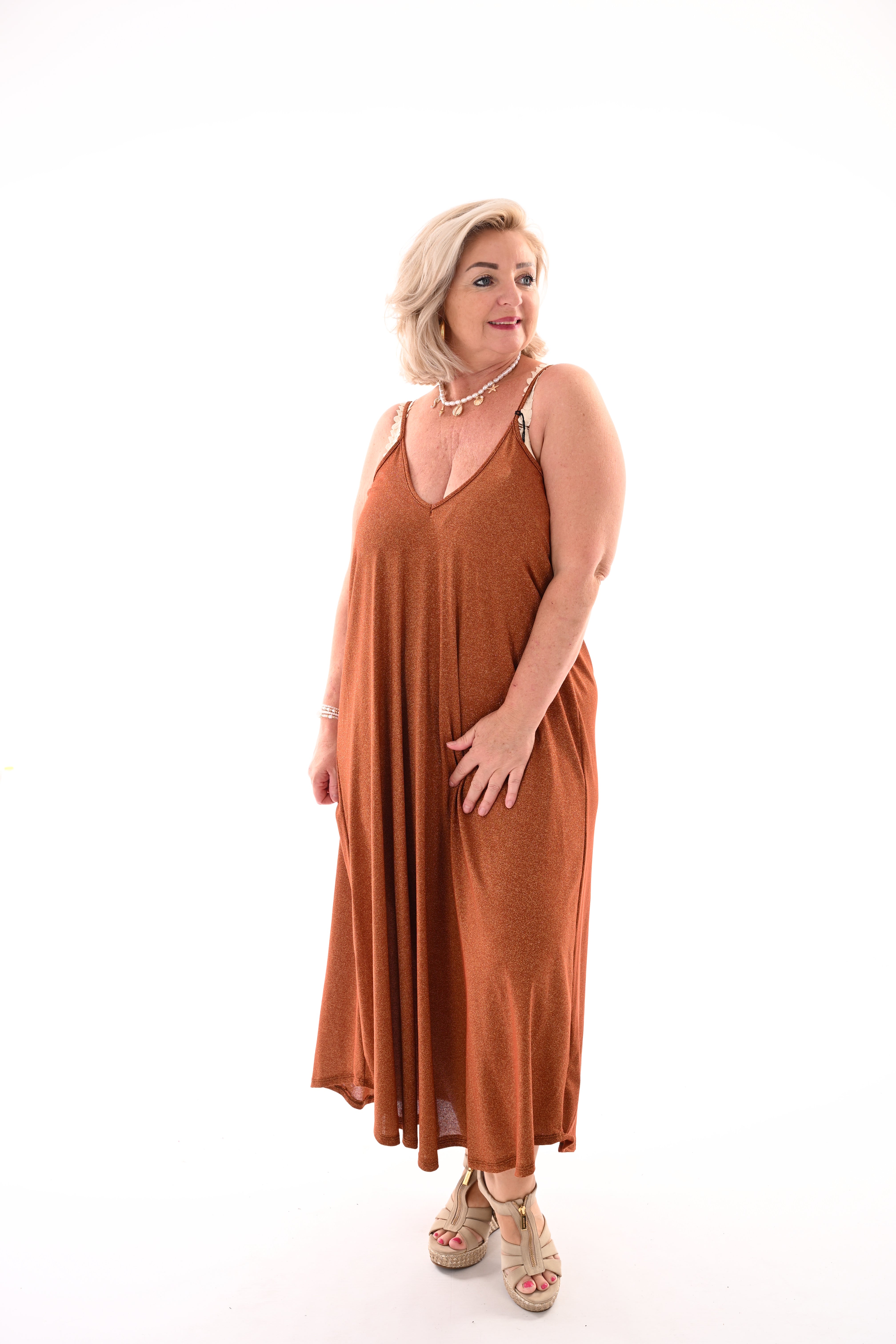 Lange jurk spaghetti bandjes lurex oranje