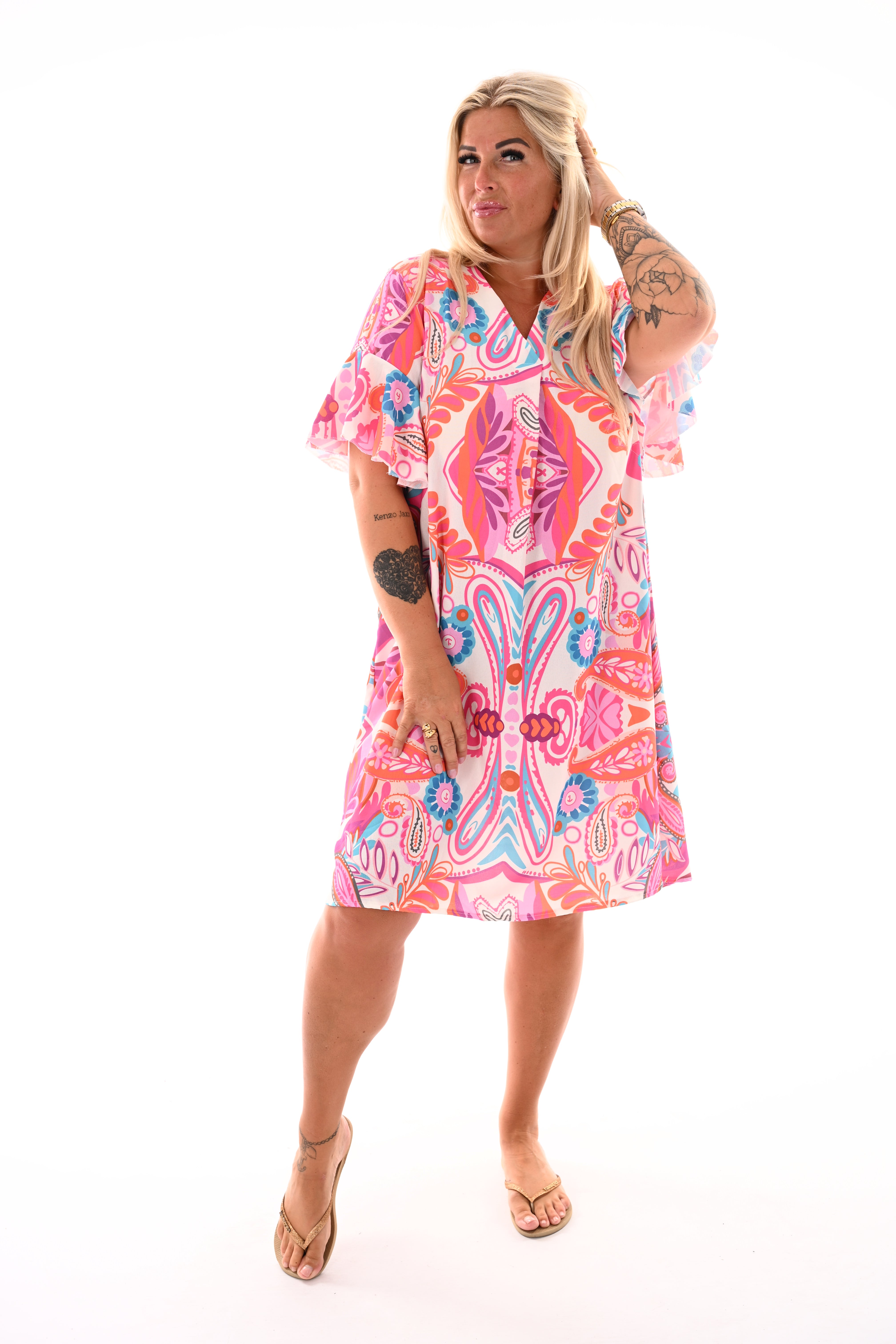 Jurk v-hals korte roezelmouwen print bladeren wit/roze