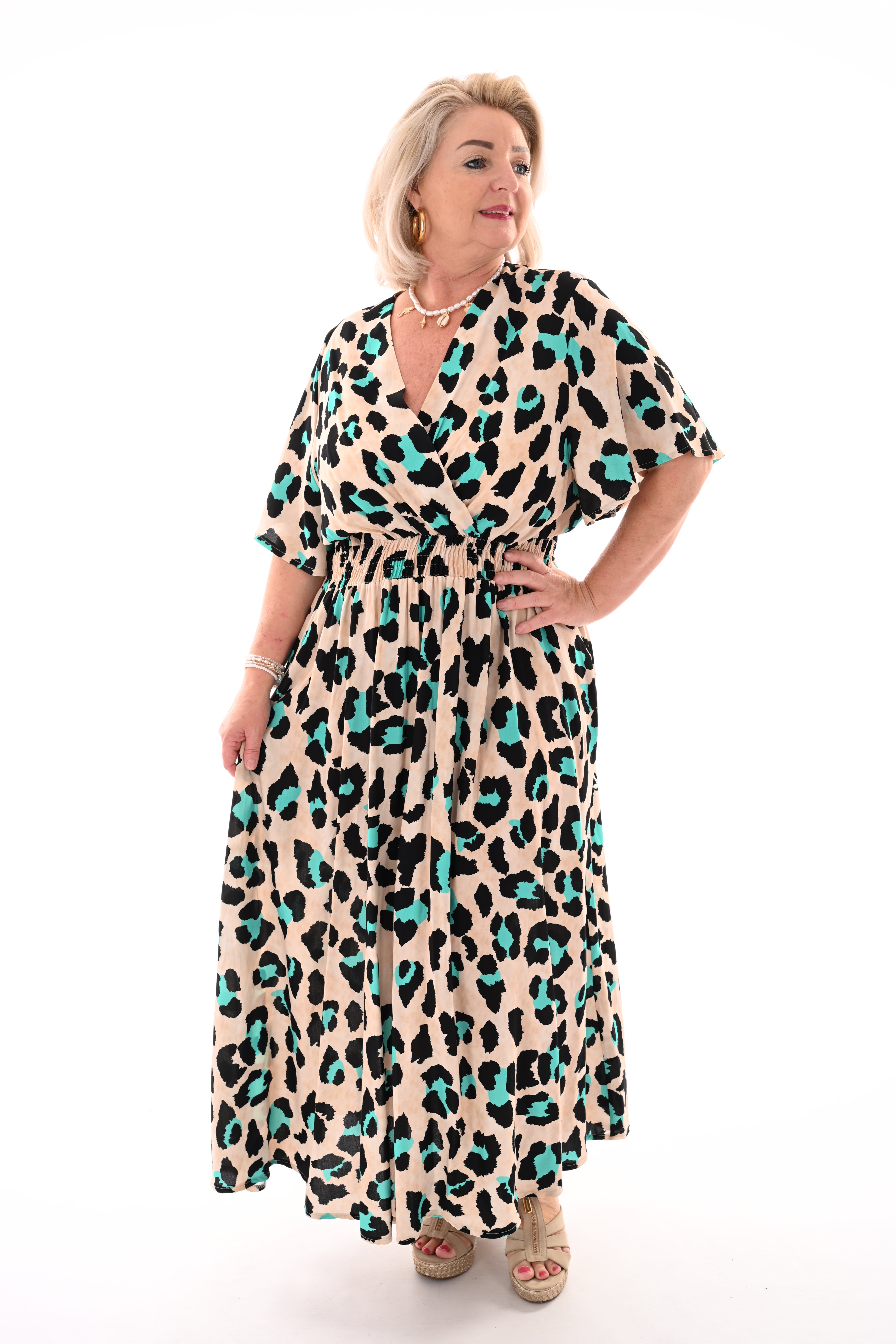 Lange jurk pantervlekken turquoise