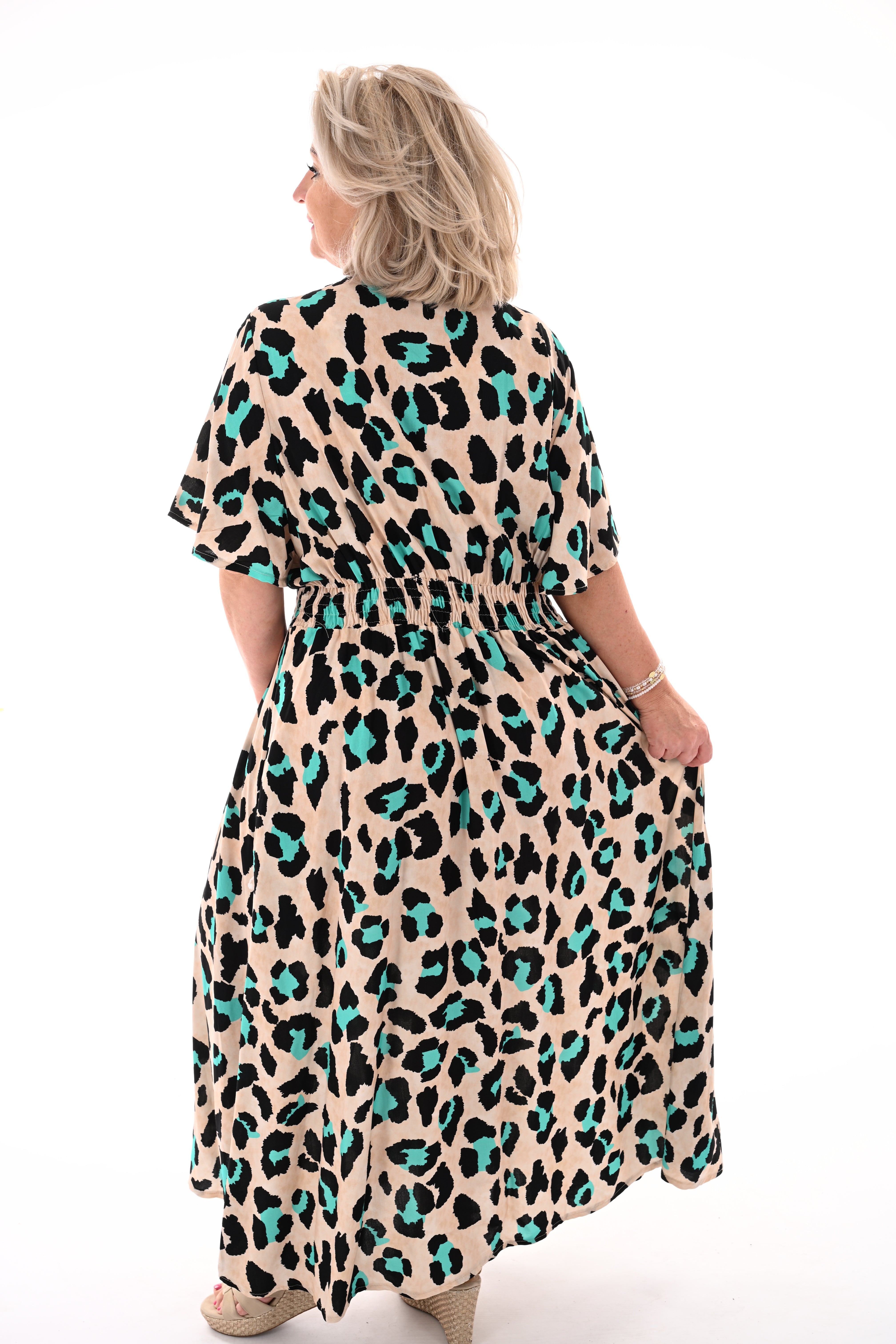 Lange jurk pantervlekken turquoise