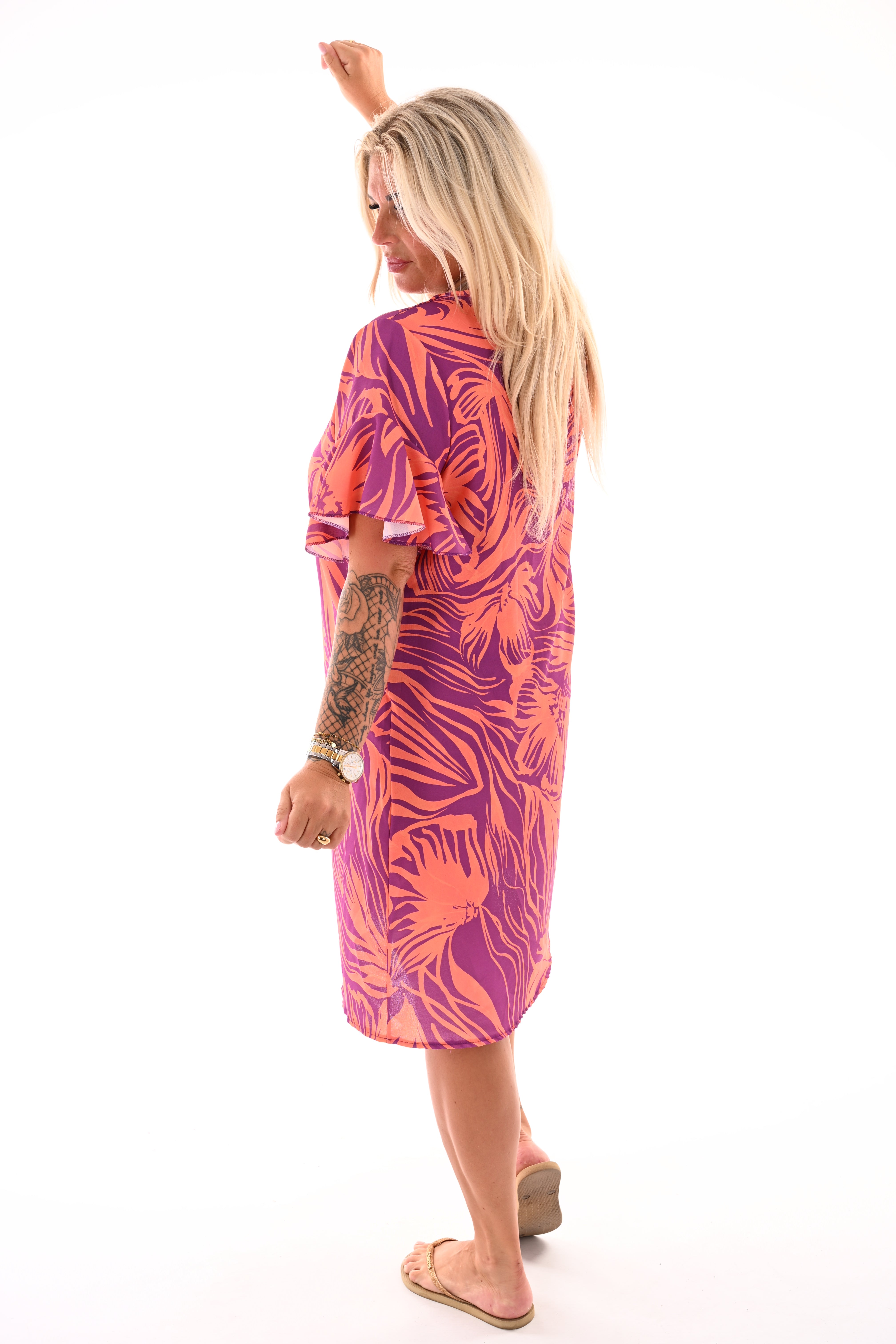 Jurk v-hals korte roezelmouwen print blad paars/oranje