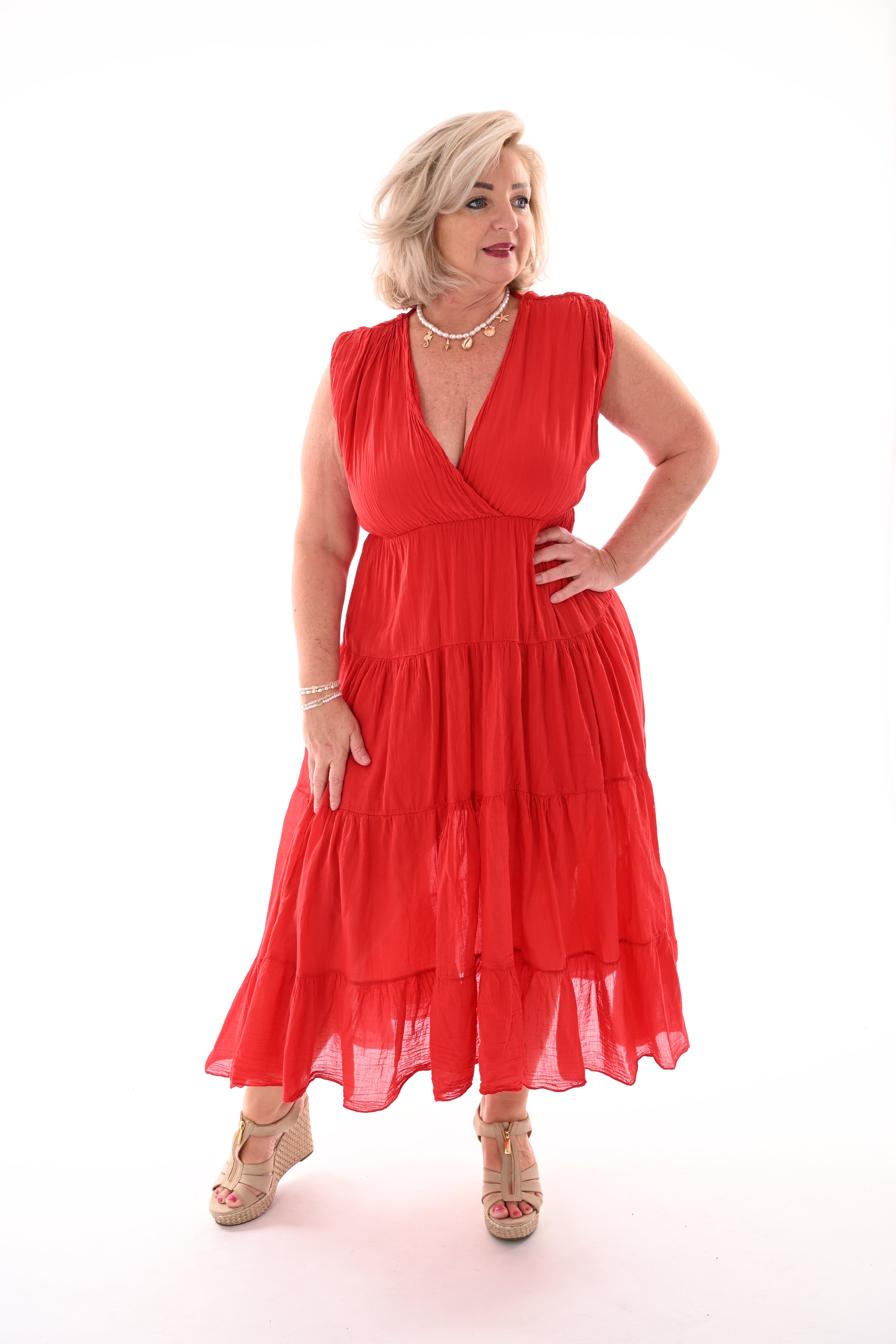 Lange jurk diepe v-hals met stroken rood