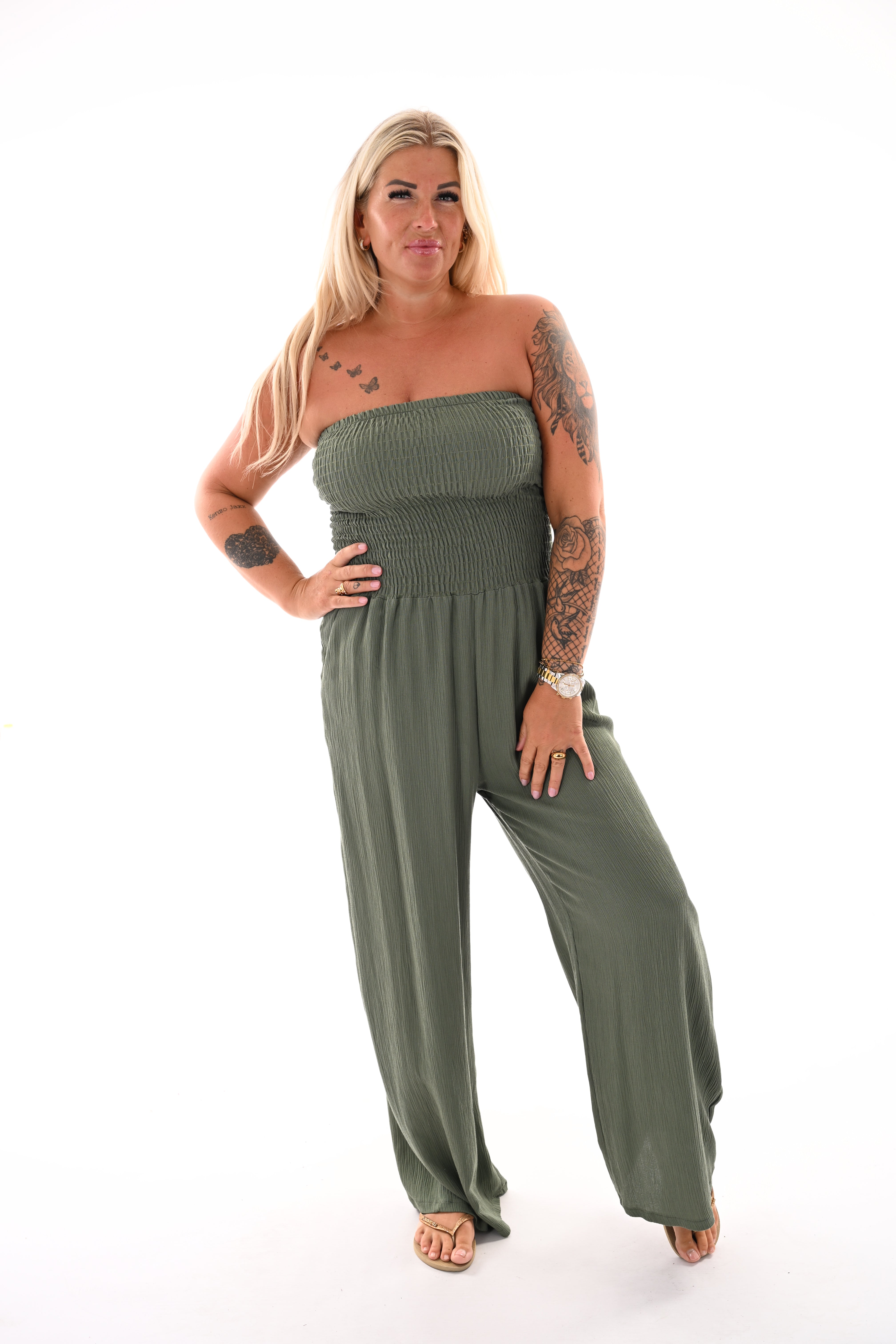 Strapless jumpsuit smock olijfgroen