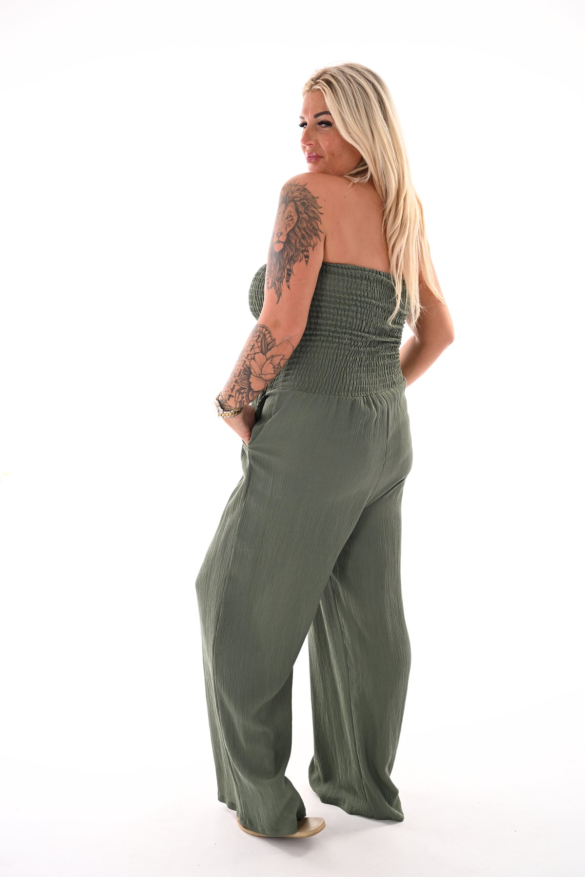 Strapless jumpsuit smock olijfgroen