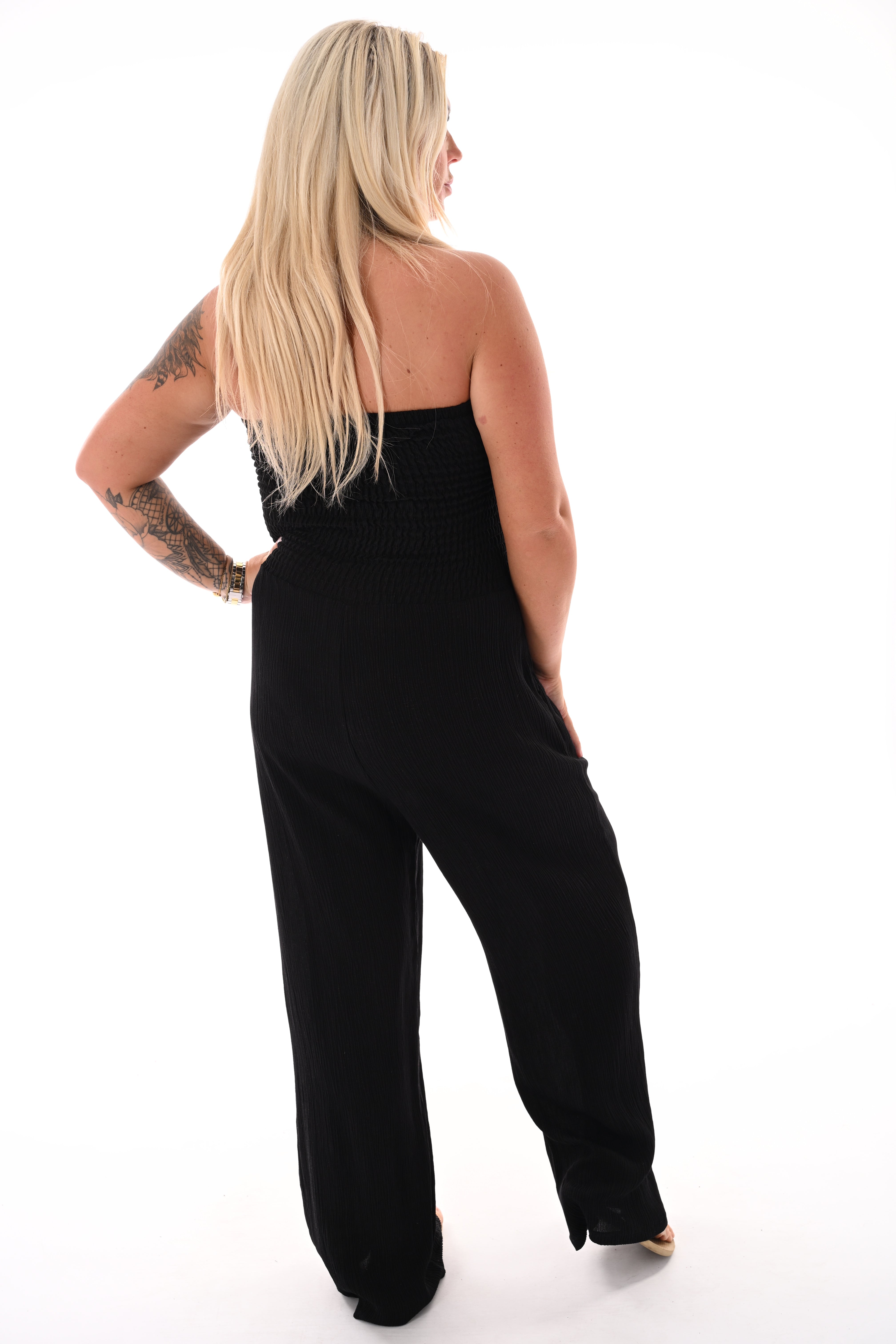 Strapless jumpsuit smock zwart
