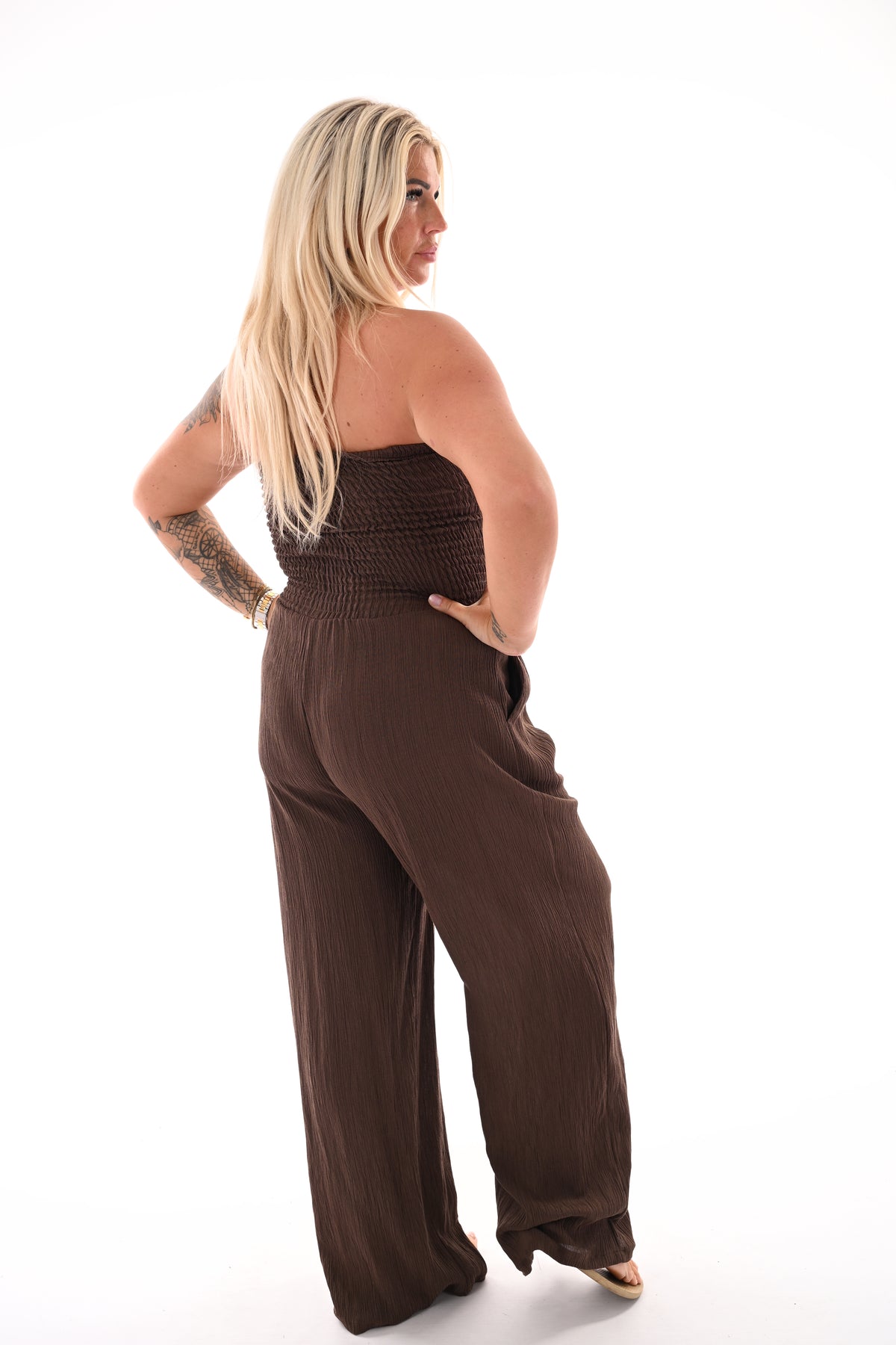 Strapless jumpsuit smock donkerbruin