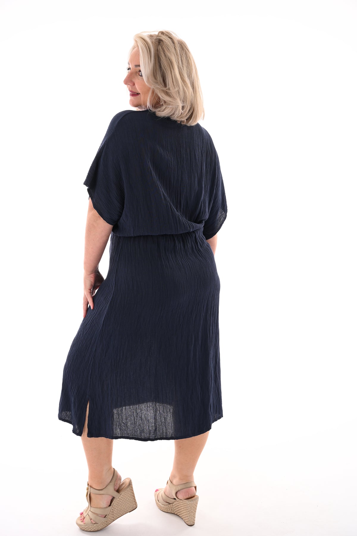 Midi jurk v-hals overslag uni marineblauw