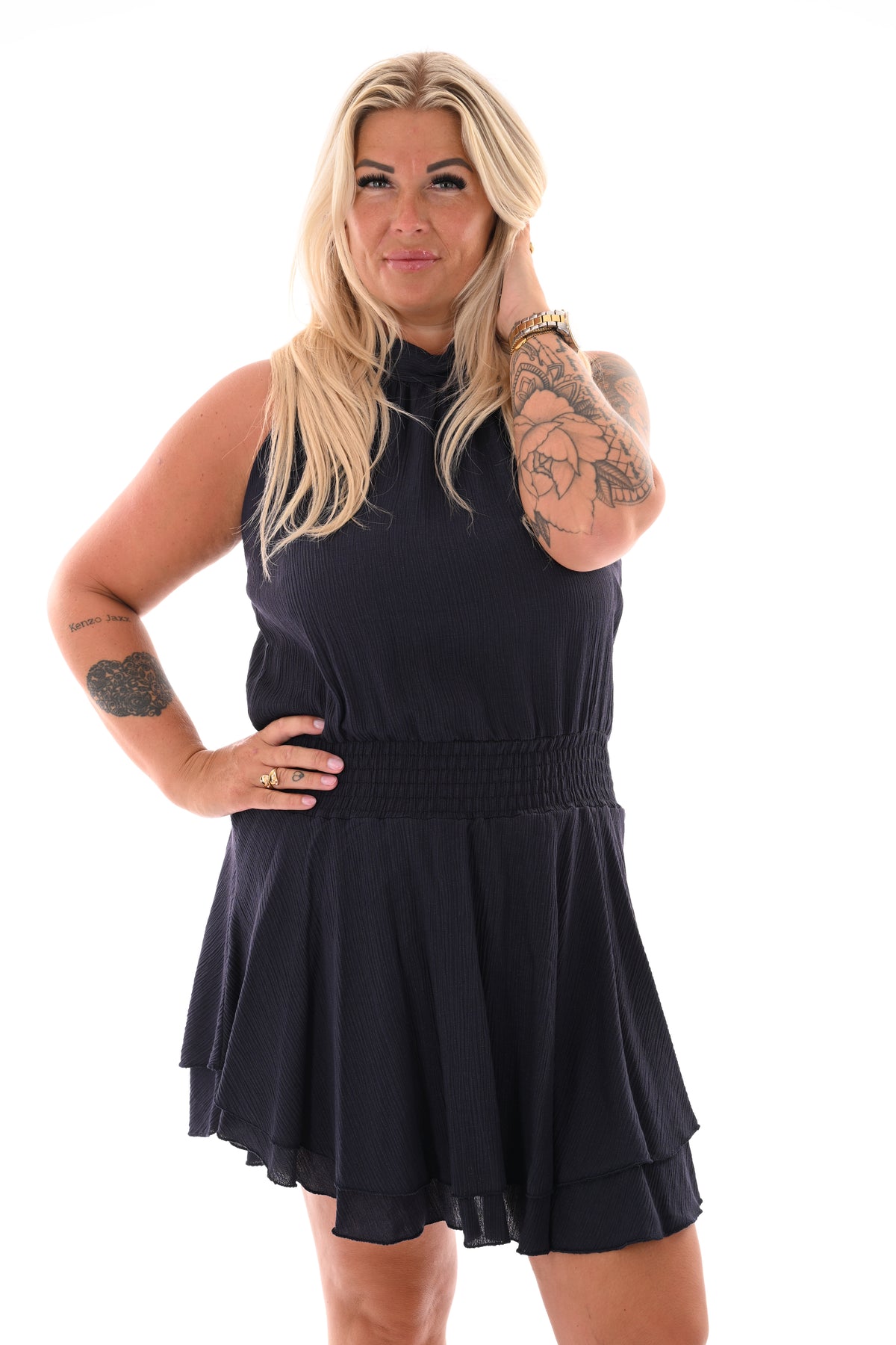 Halter jurkje met structuur marineblauw