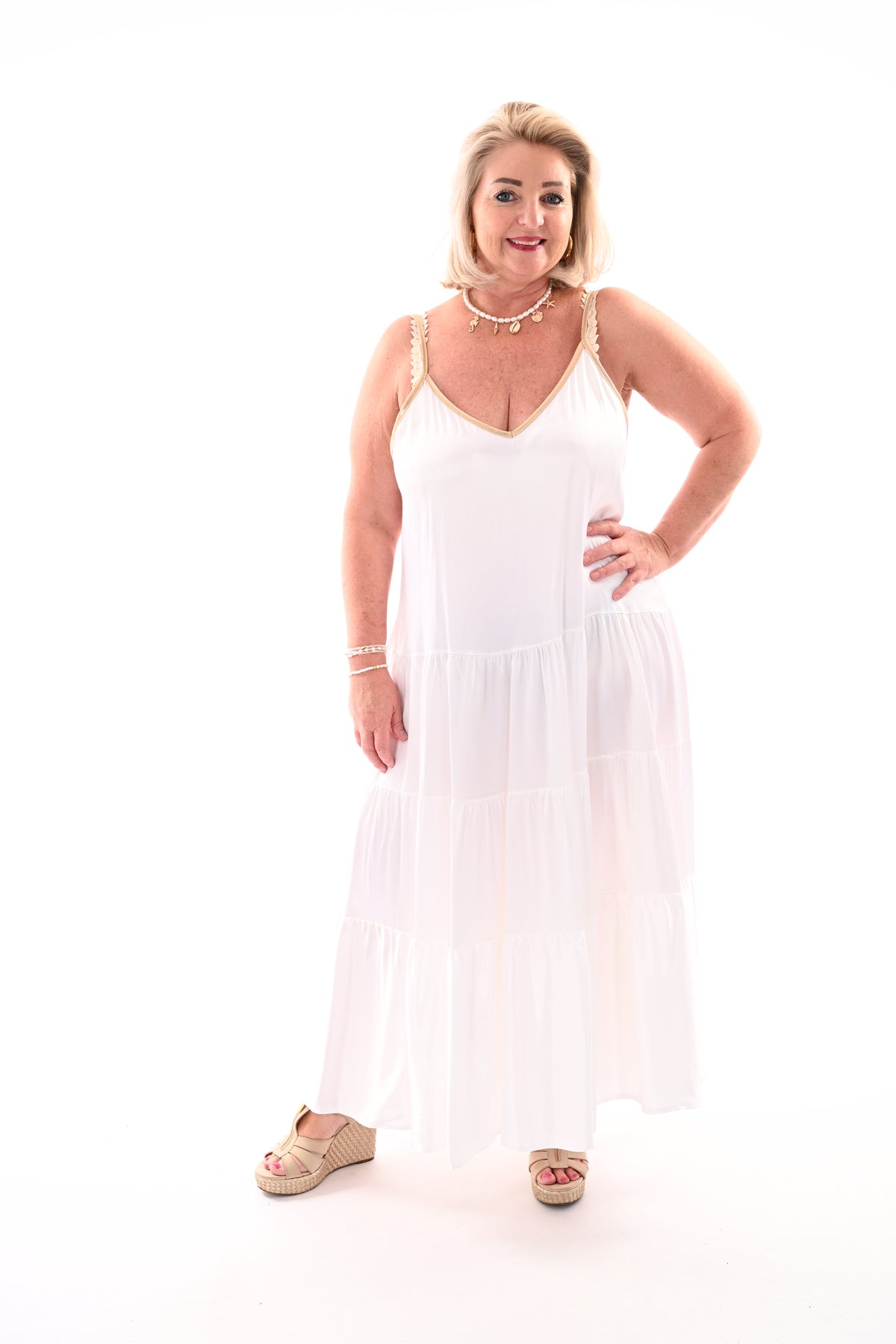 Maxi jurk silky met spaghetti bandjes wit