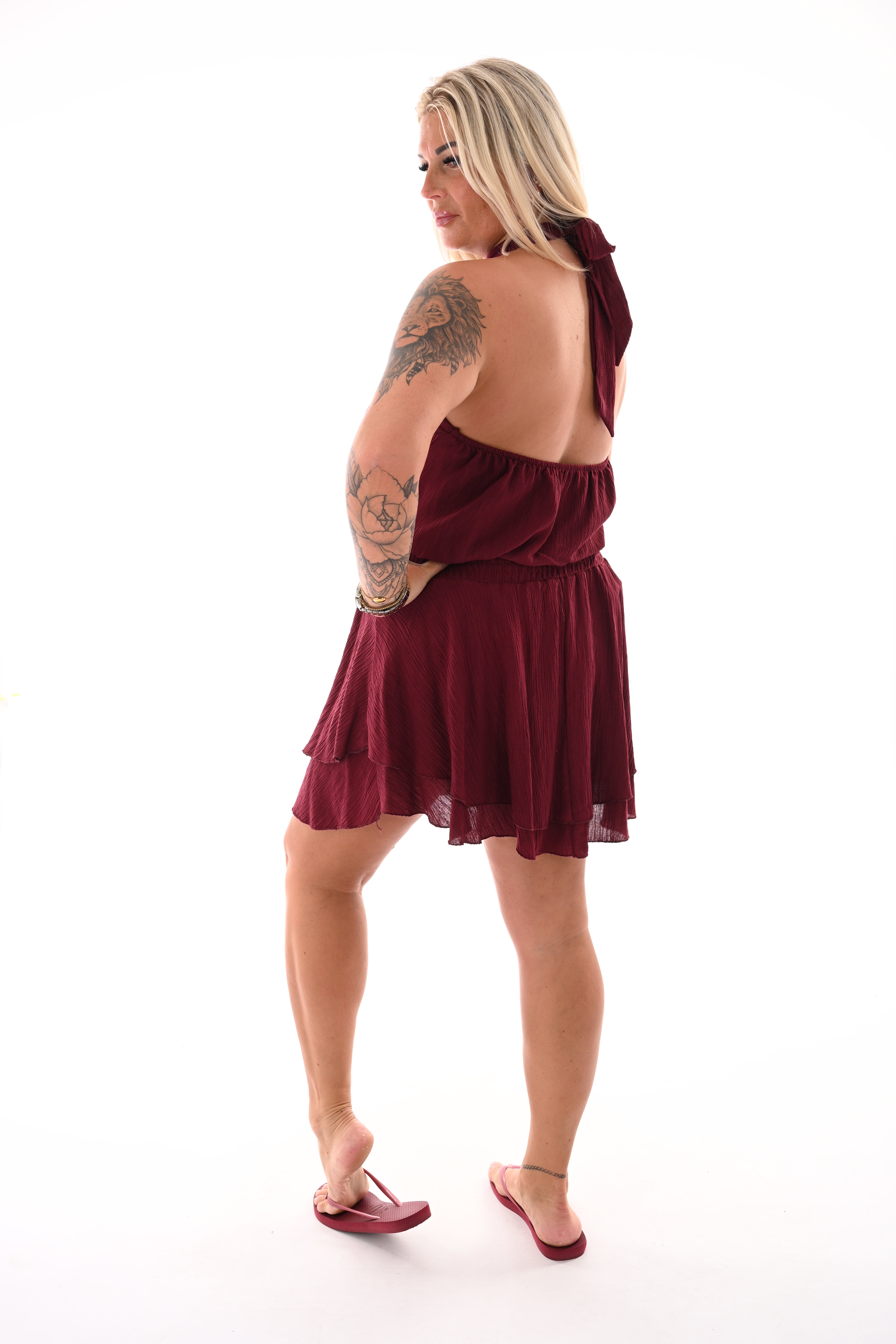 Halter jurkje met structuur bordeaux