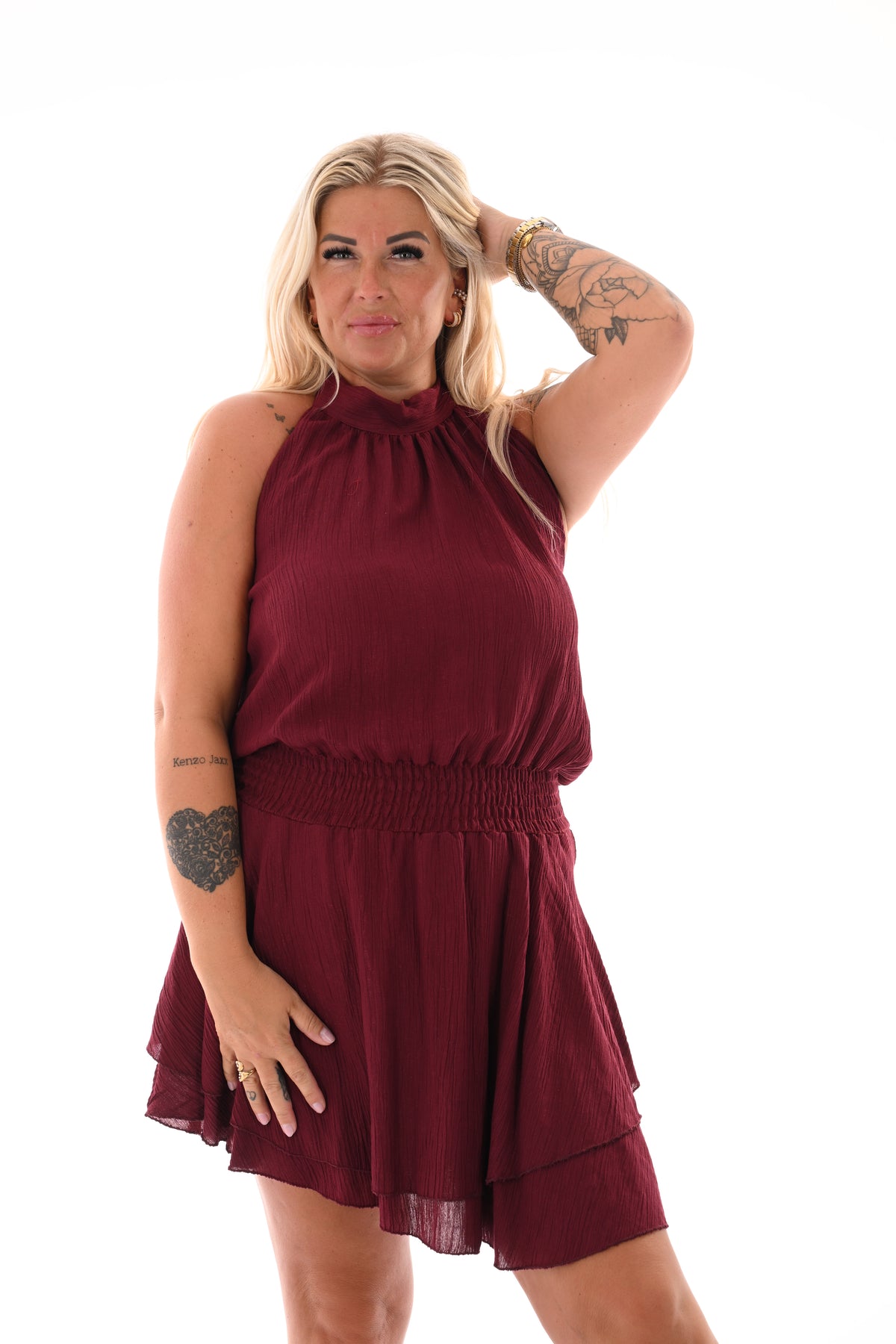 Halter jurkje met structuur bordeaux