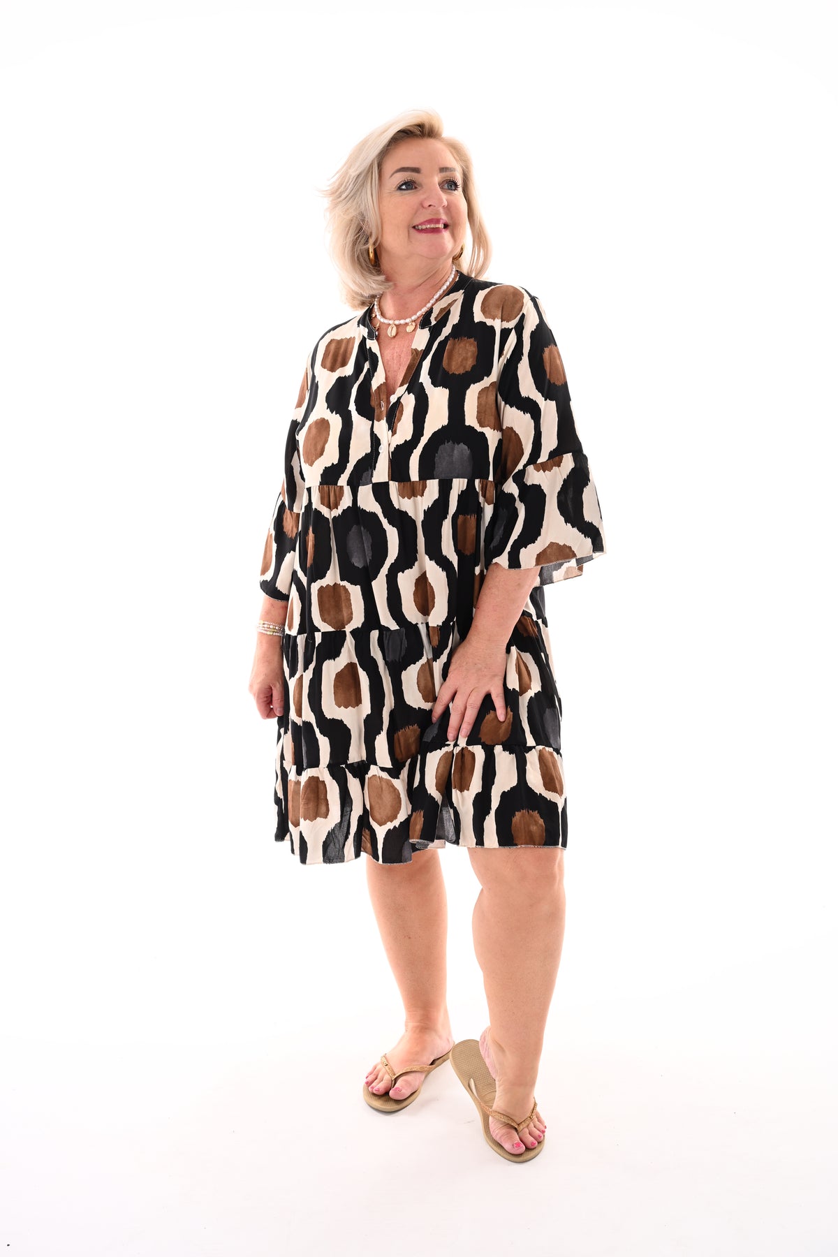 Tuniek v-hals retro abstracte cirkel print zwart