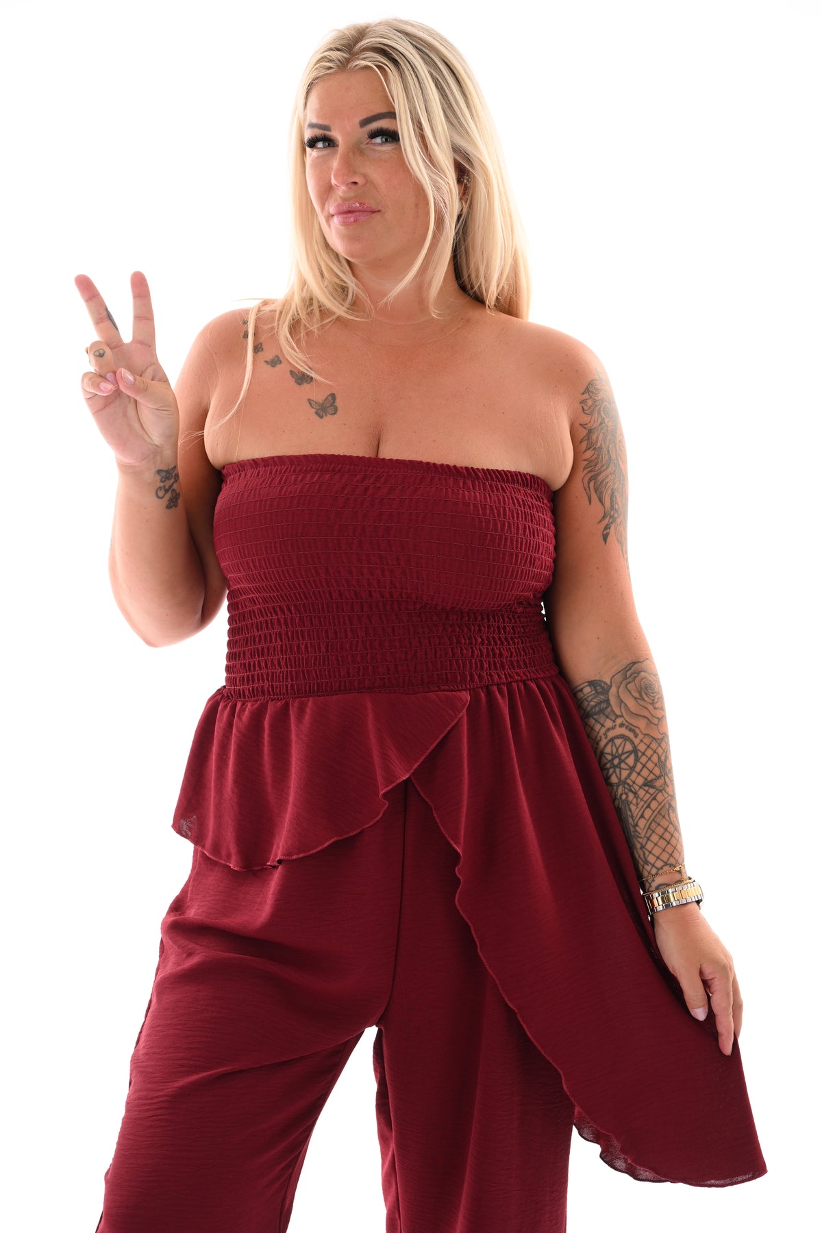 Strapless jumpsuit ruffle bordeaux