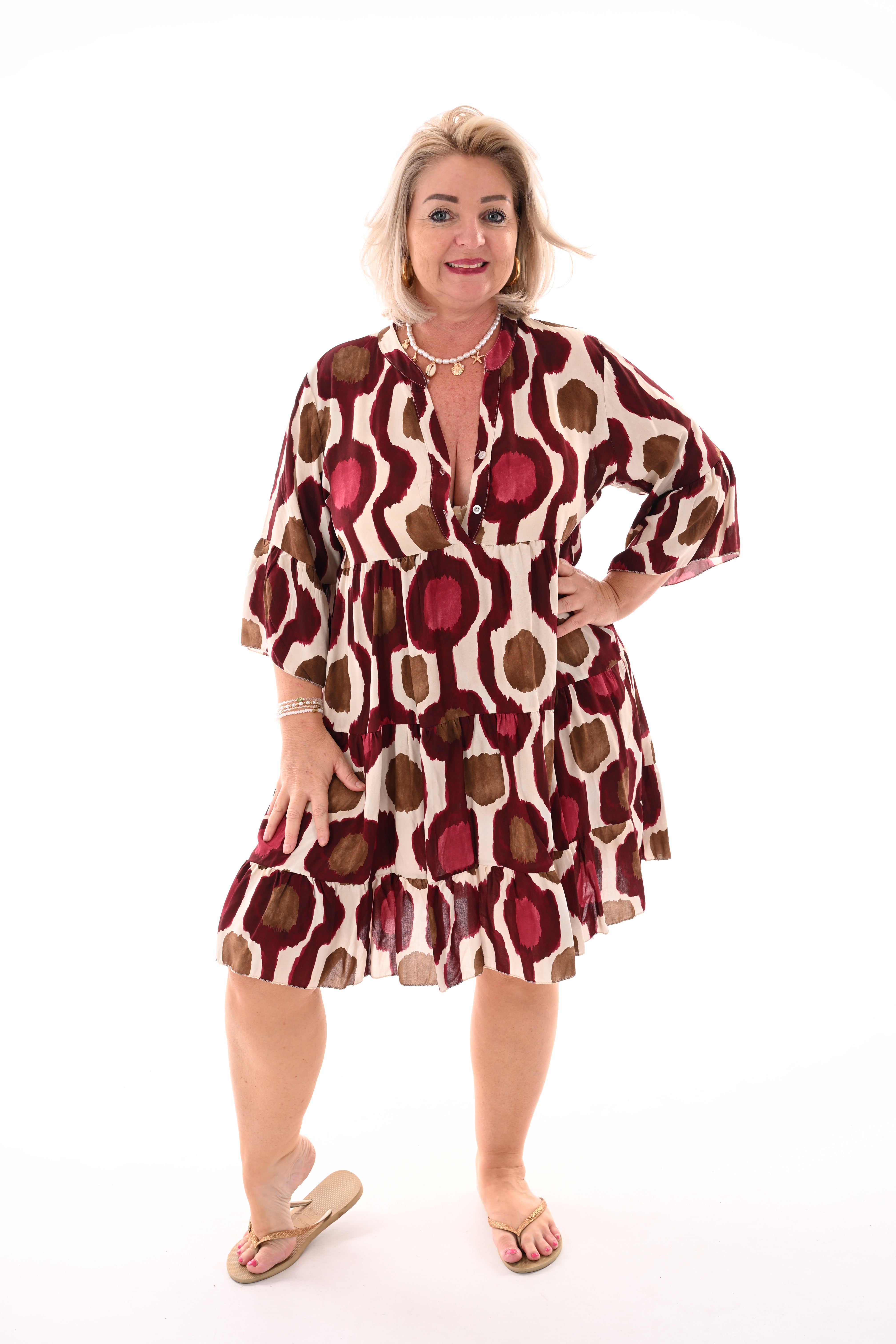 Tuniek v-hals retro abstracte cirkel print bordeaux