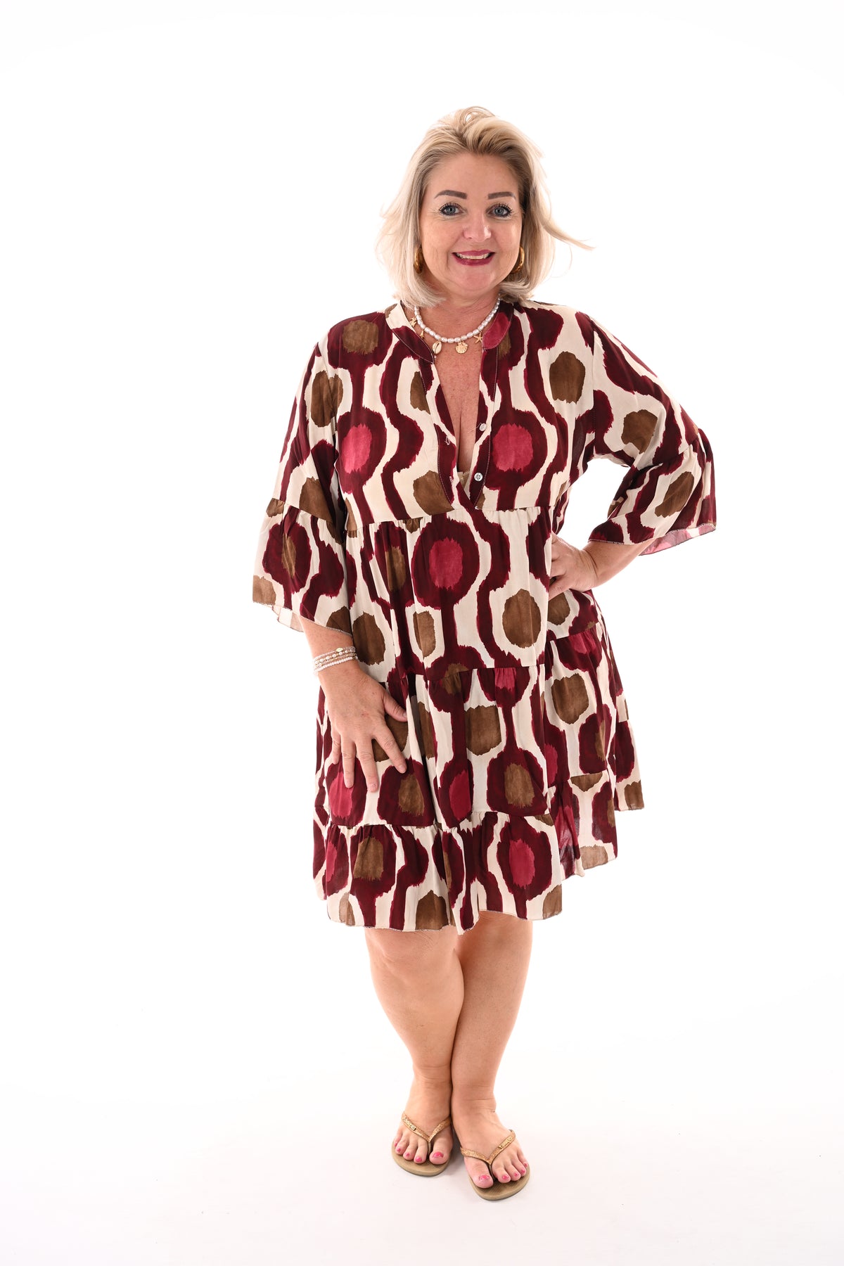 Tuniek v-hals retro abstracte cirkel print bordeaux