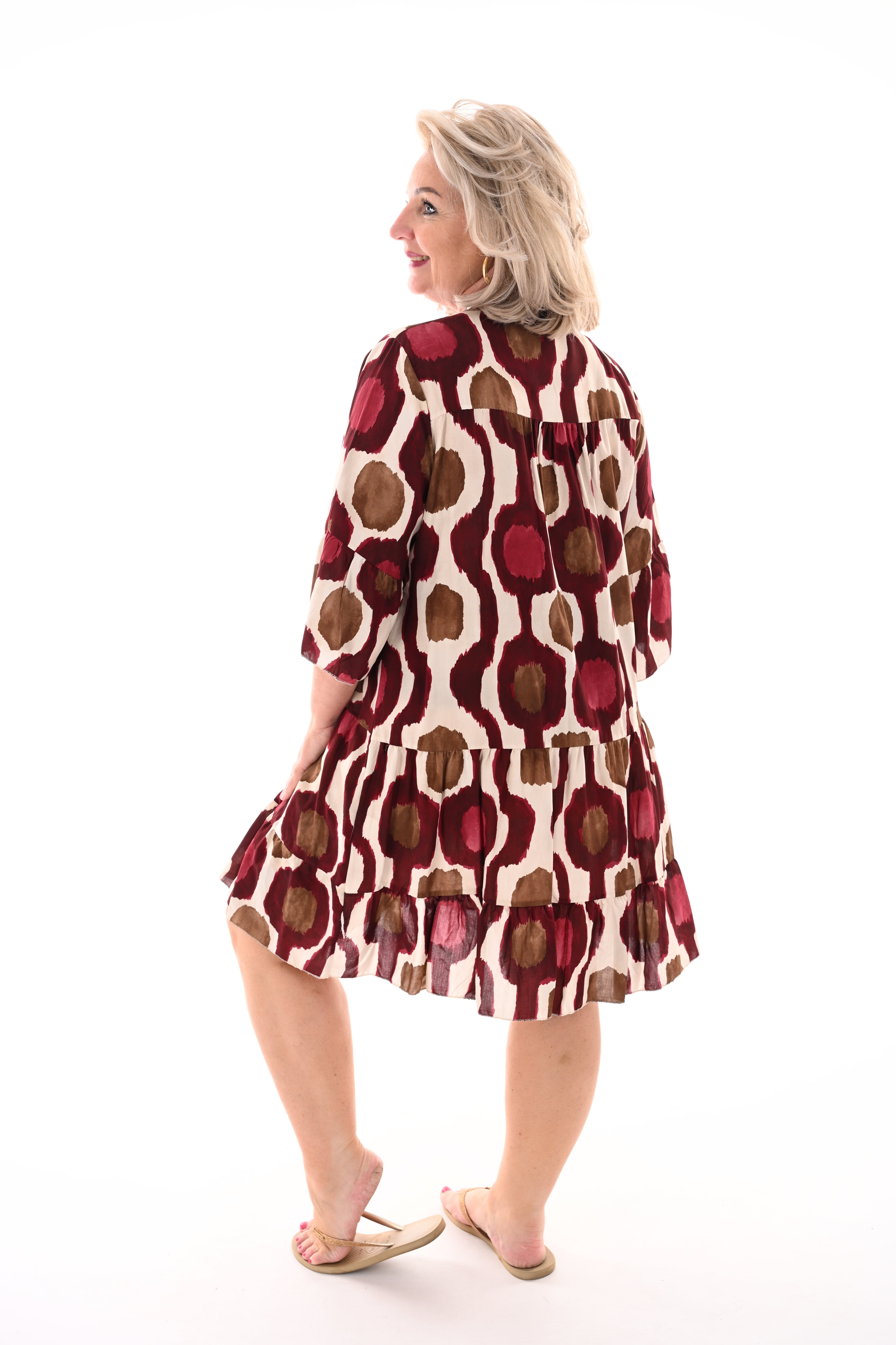 Tuniek v-hals retro abstracte cirkel print bordeaux