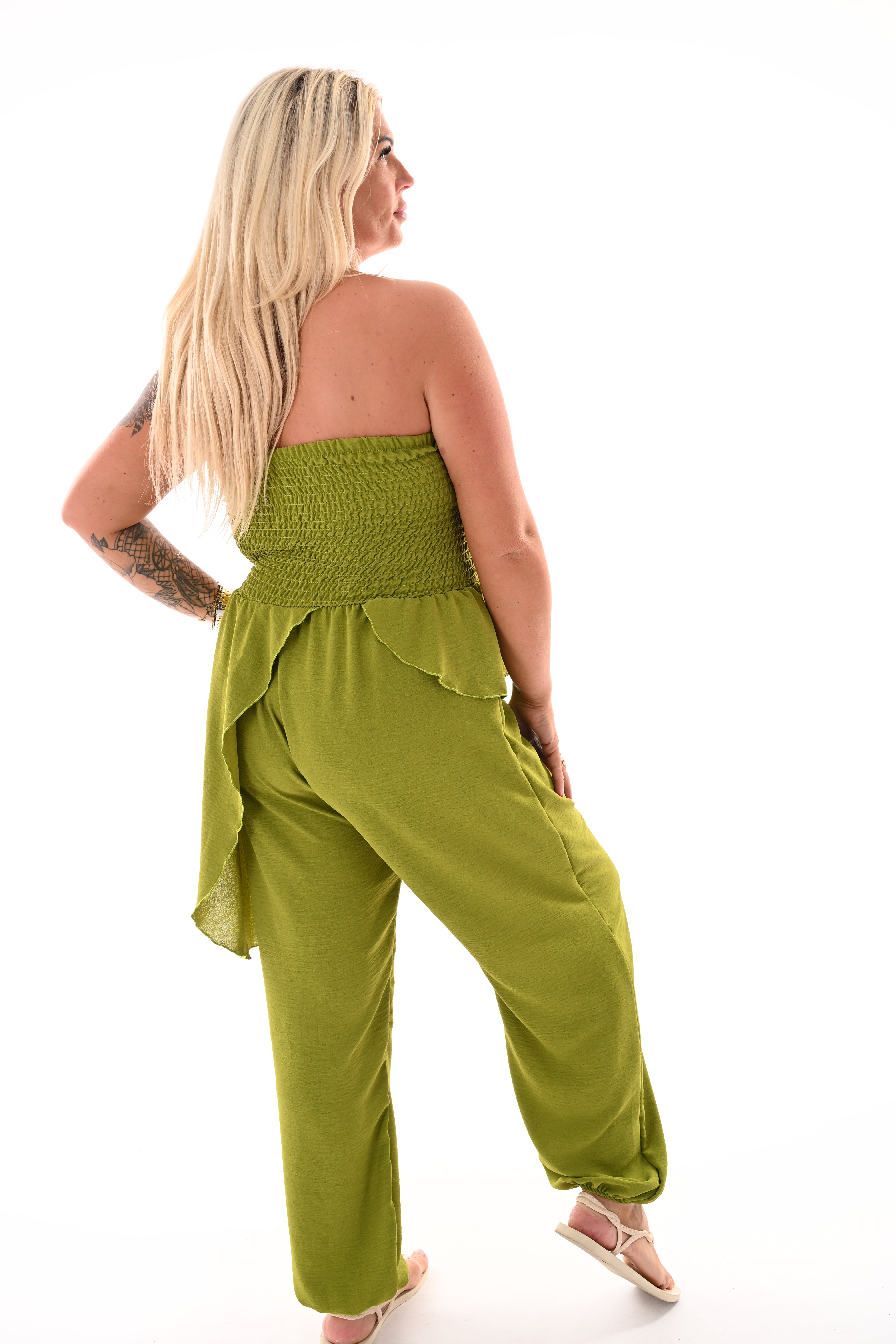 Strapless jumpsuit ruffle lime