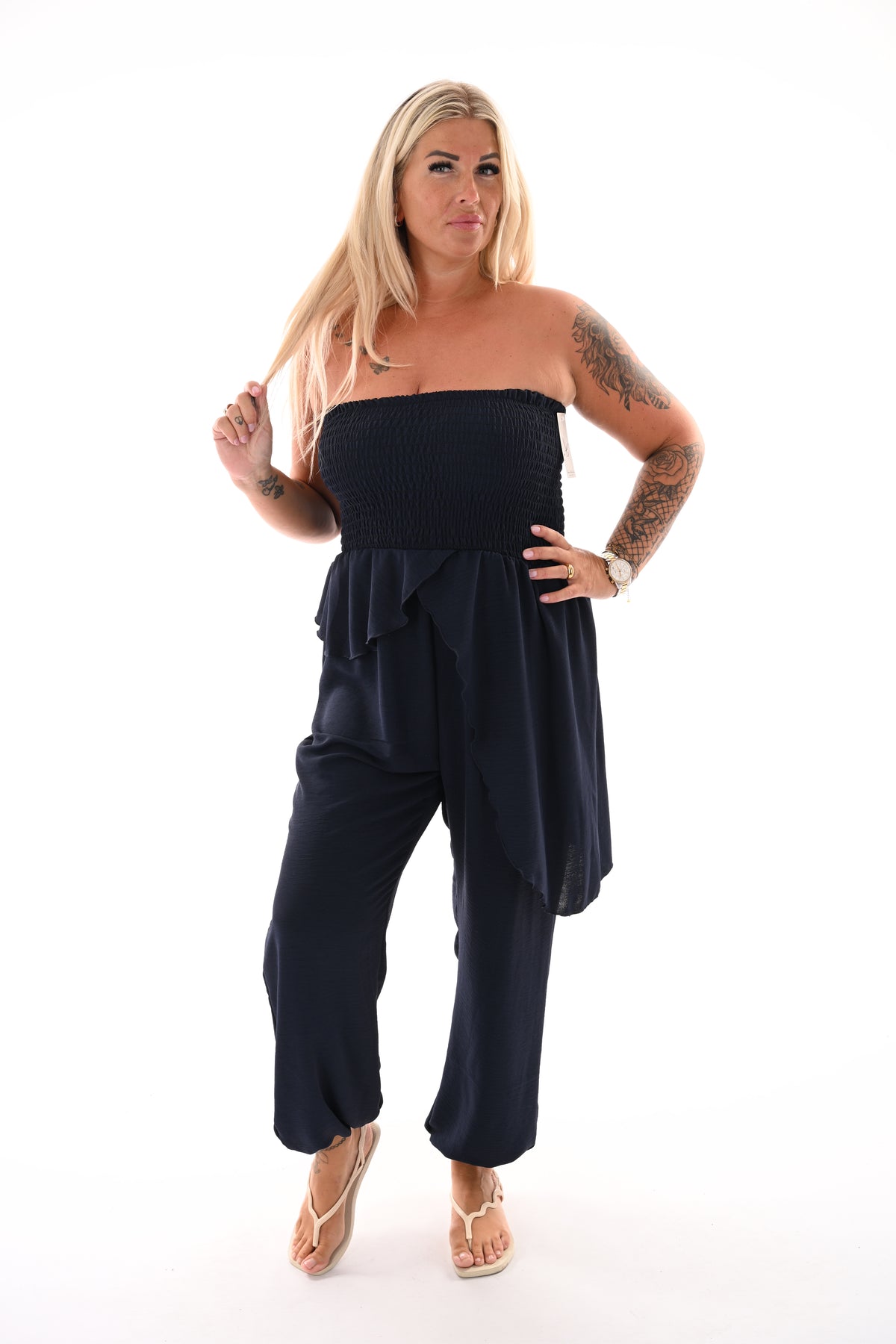 Strapless jumpsuit ruffle marineblauw