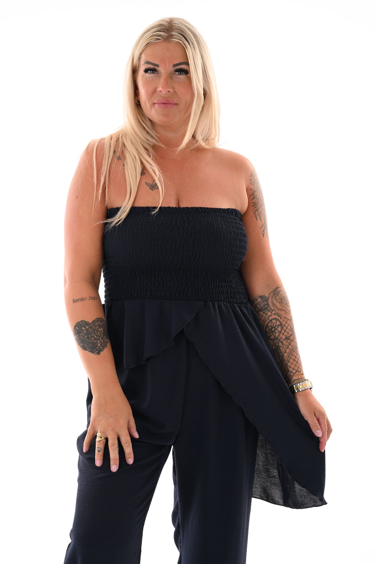 Strapless jumpsuit ruffle marineblauw