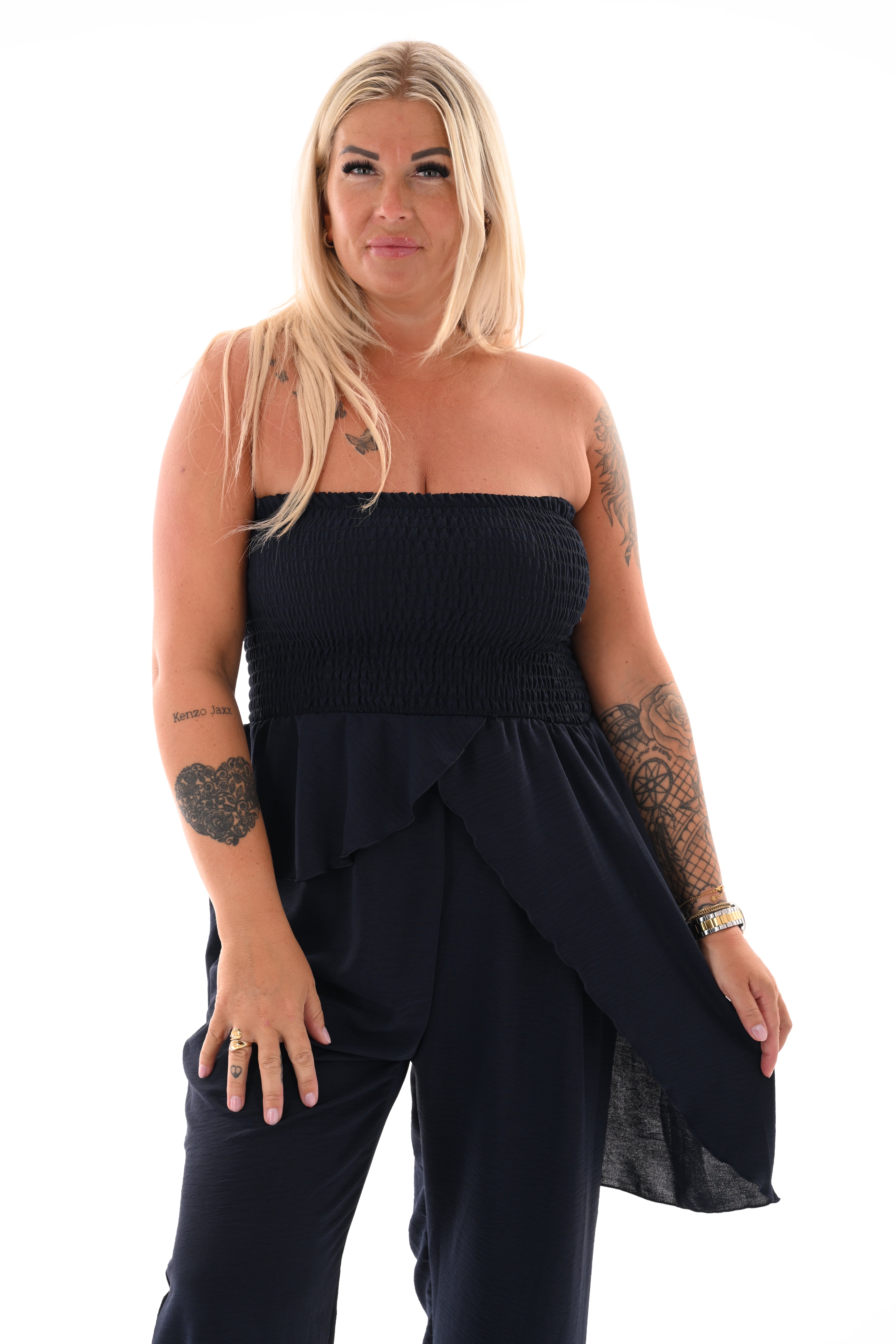 Strapless jumpsuit ruffle marineblauw