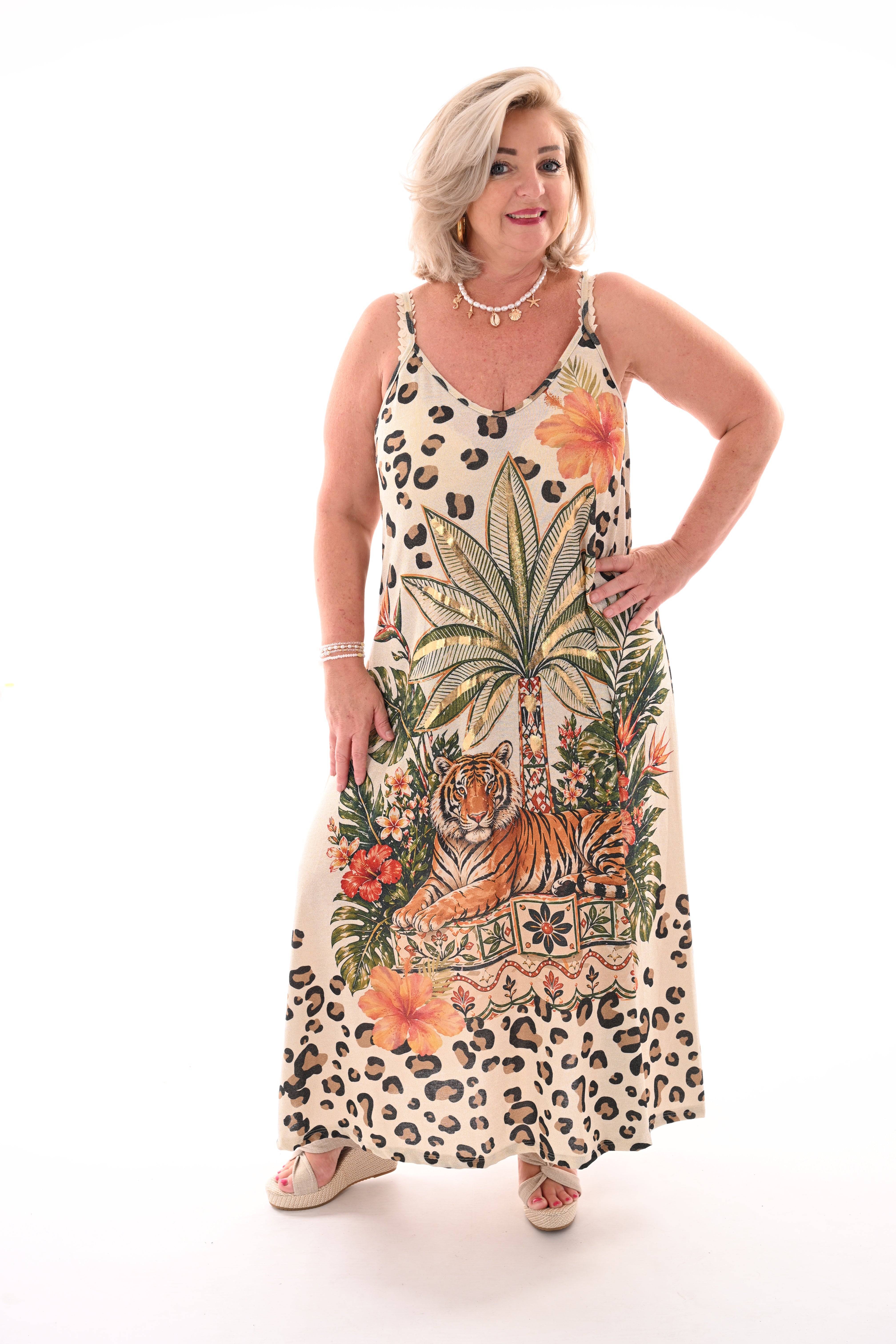 Jurk smalle bandjes tropisch creme/groen