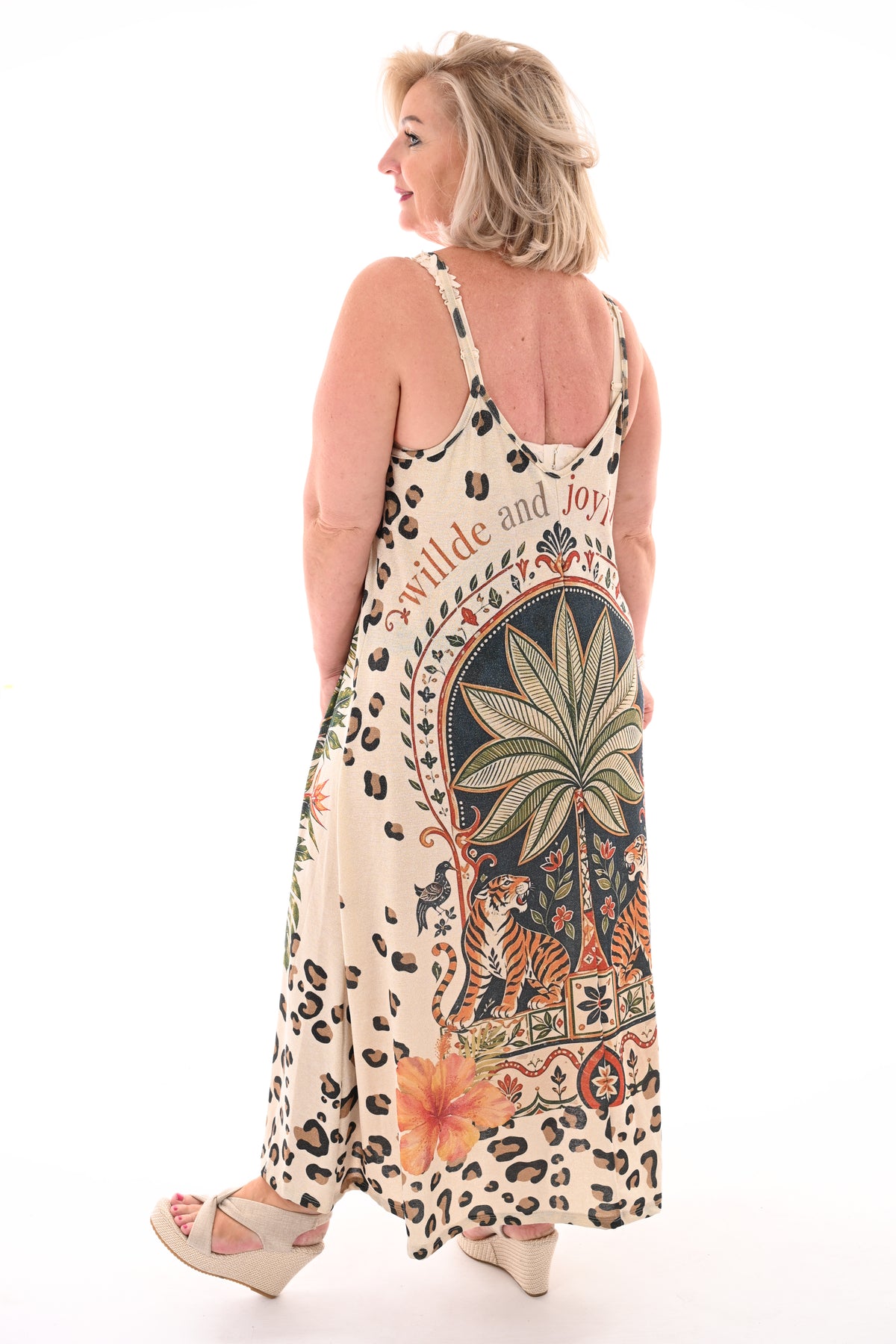 Jurk smalle bandjes tropisch creme/groen
