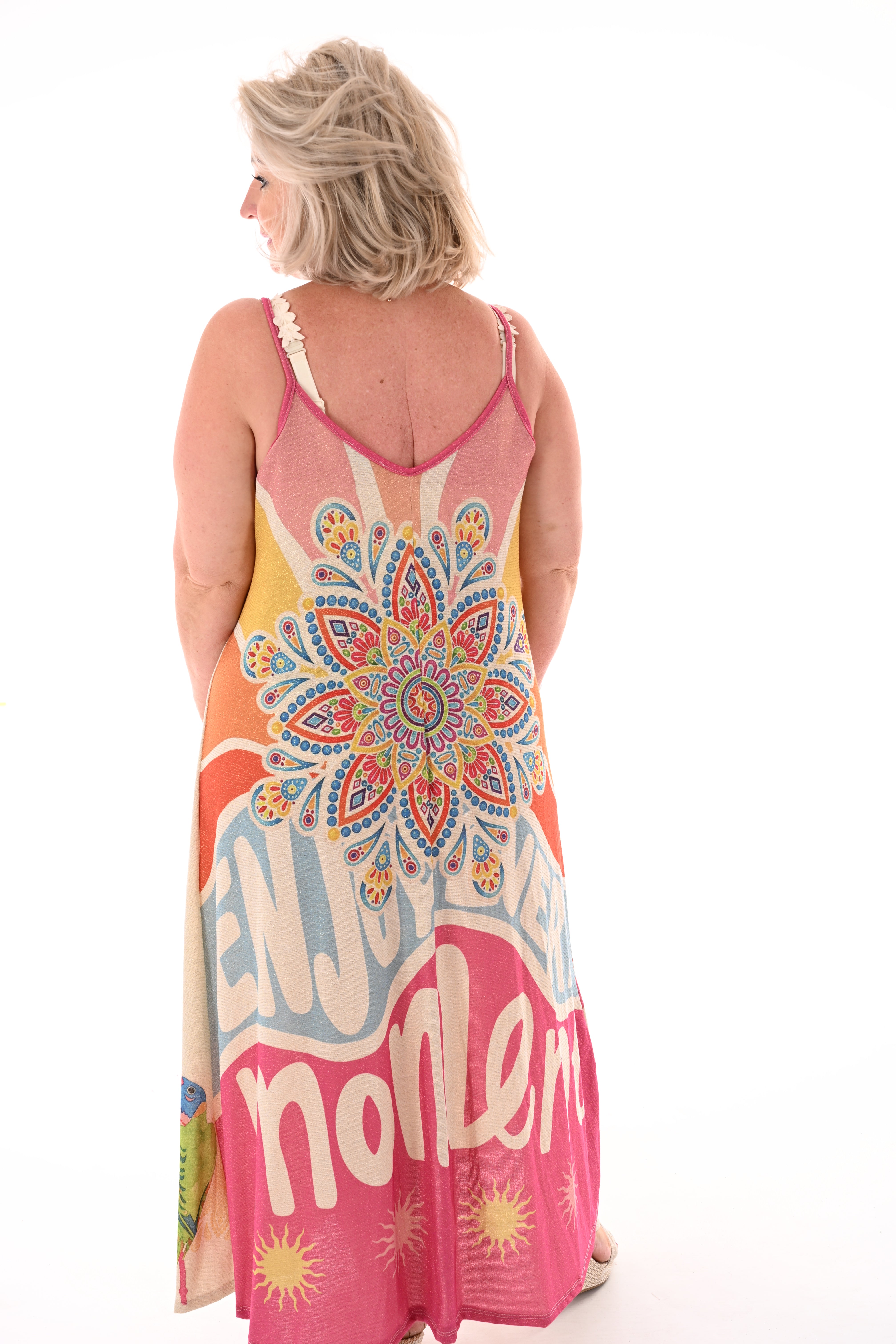 Jurk smalle bandjes tropisch creme/fuchsia