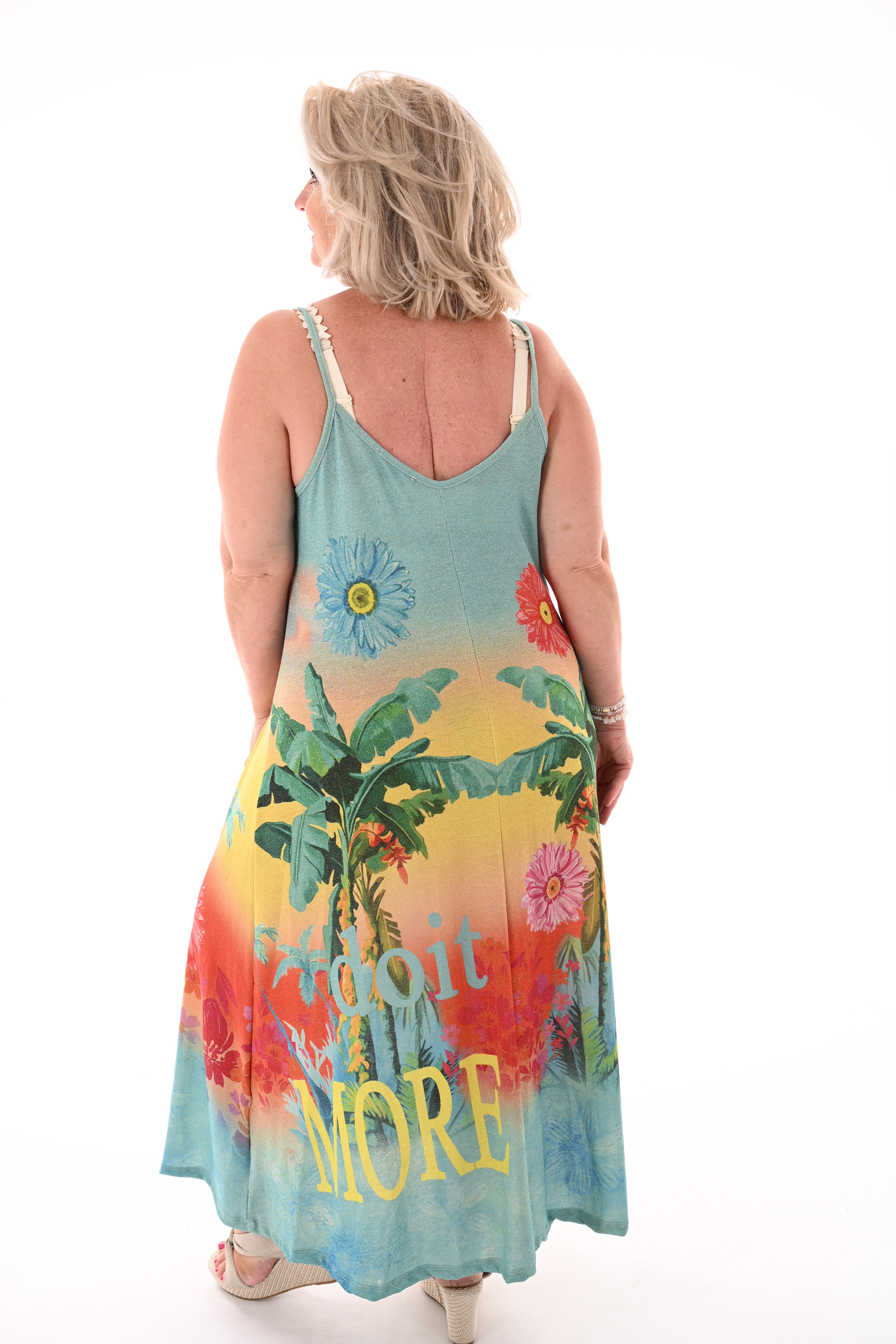 Jurk smalle bandjes tropisch turquoise/geel
