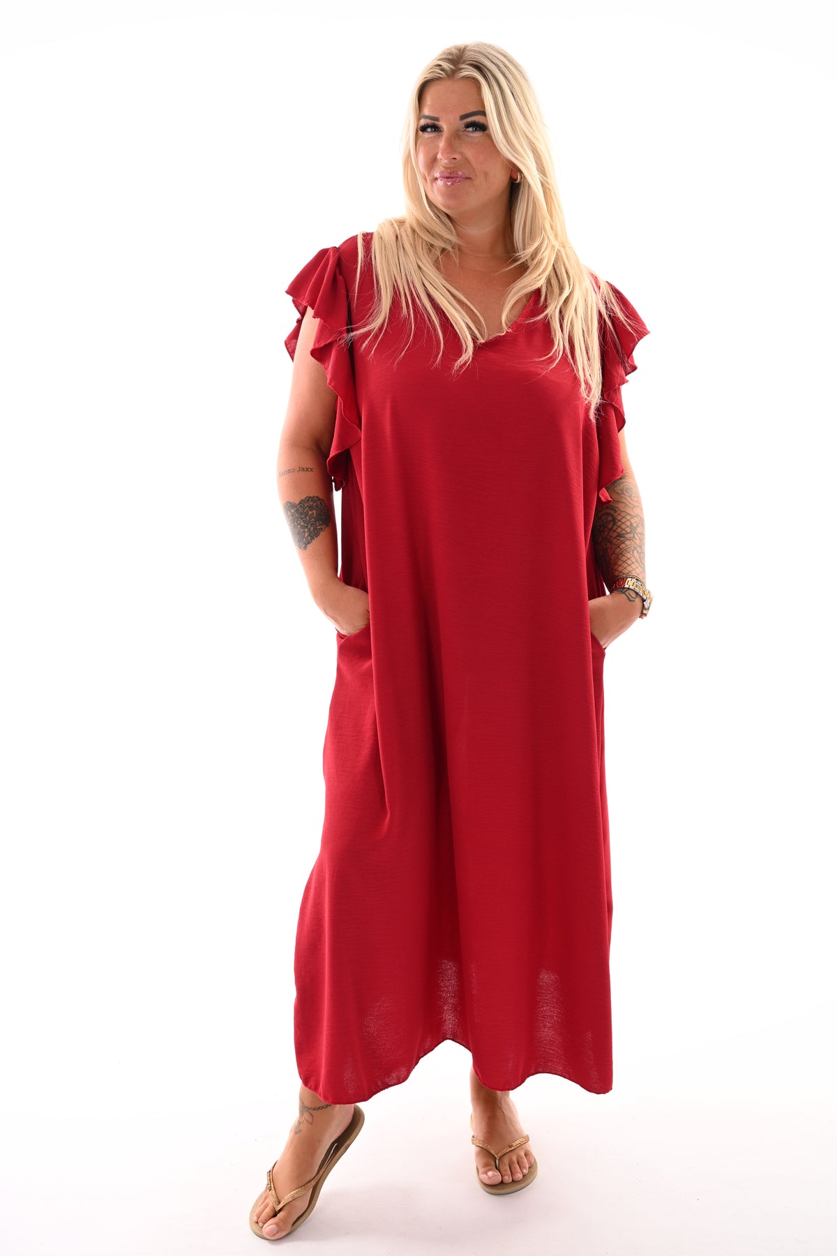 Lange jurk v-hals roezel mouwen cherryred