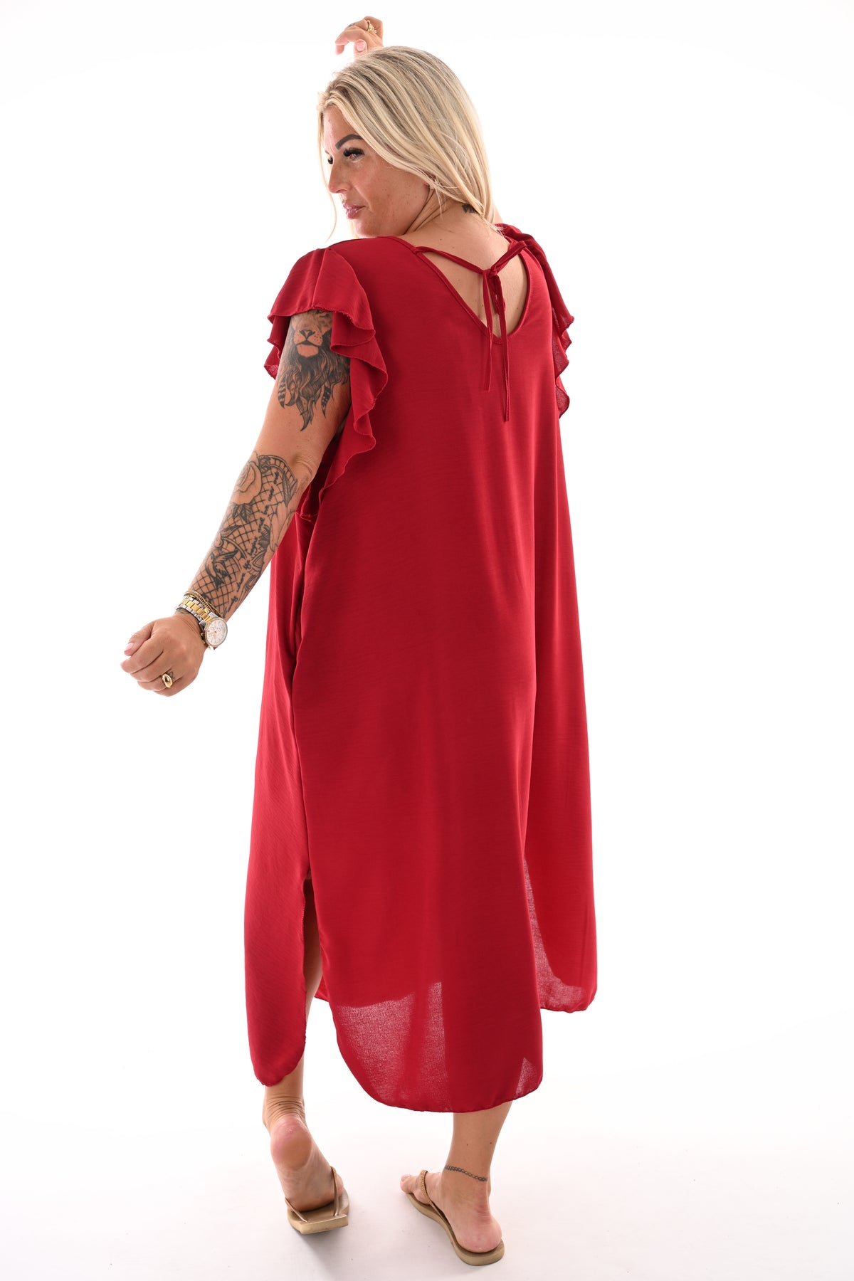 Lange jurk v-hals roezel mouwen cherryred