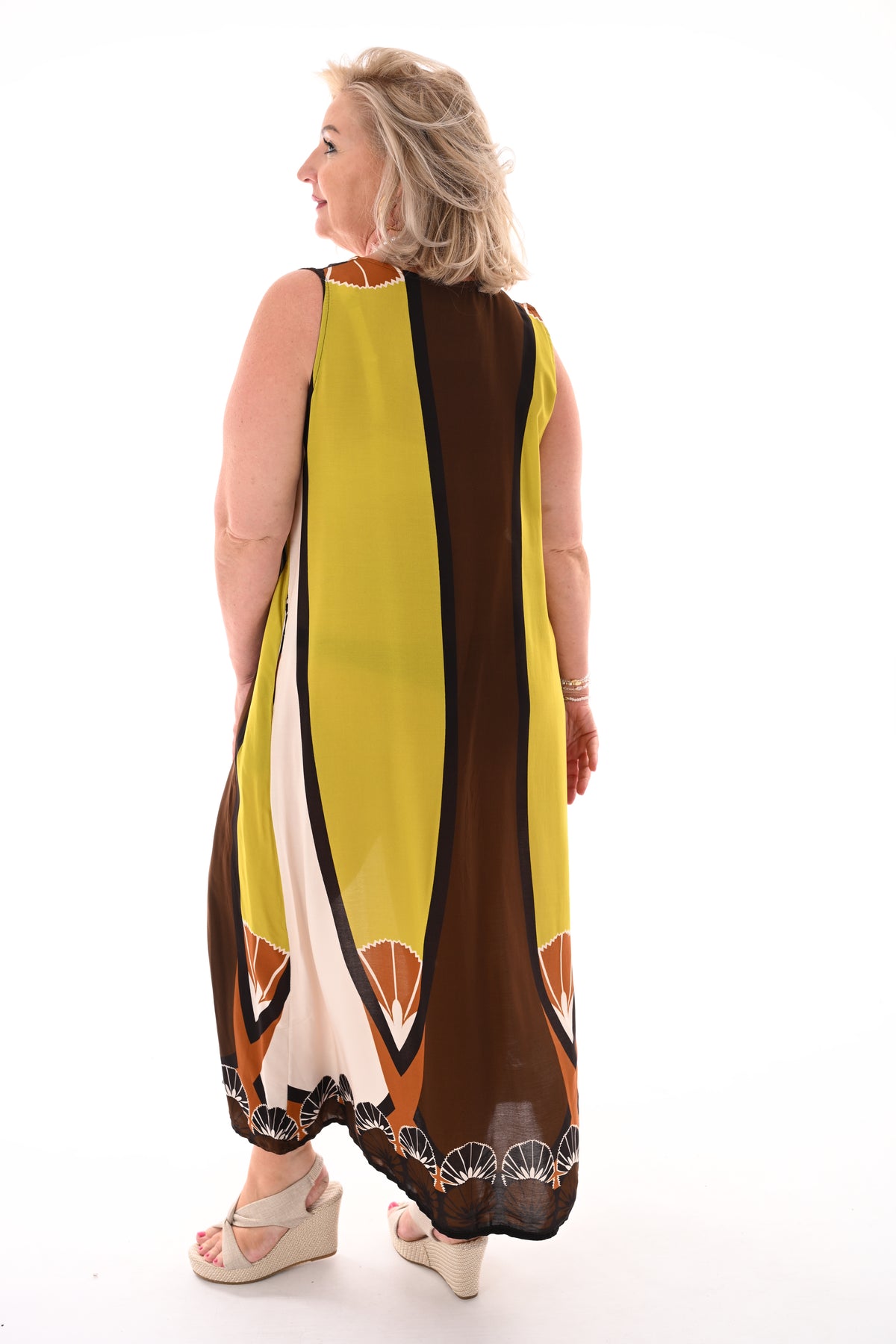 Maxi jurk mouwloos waaiers lime/donkerbruin