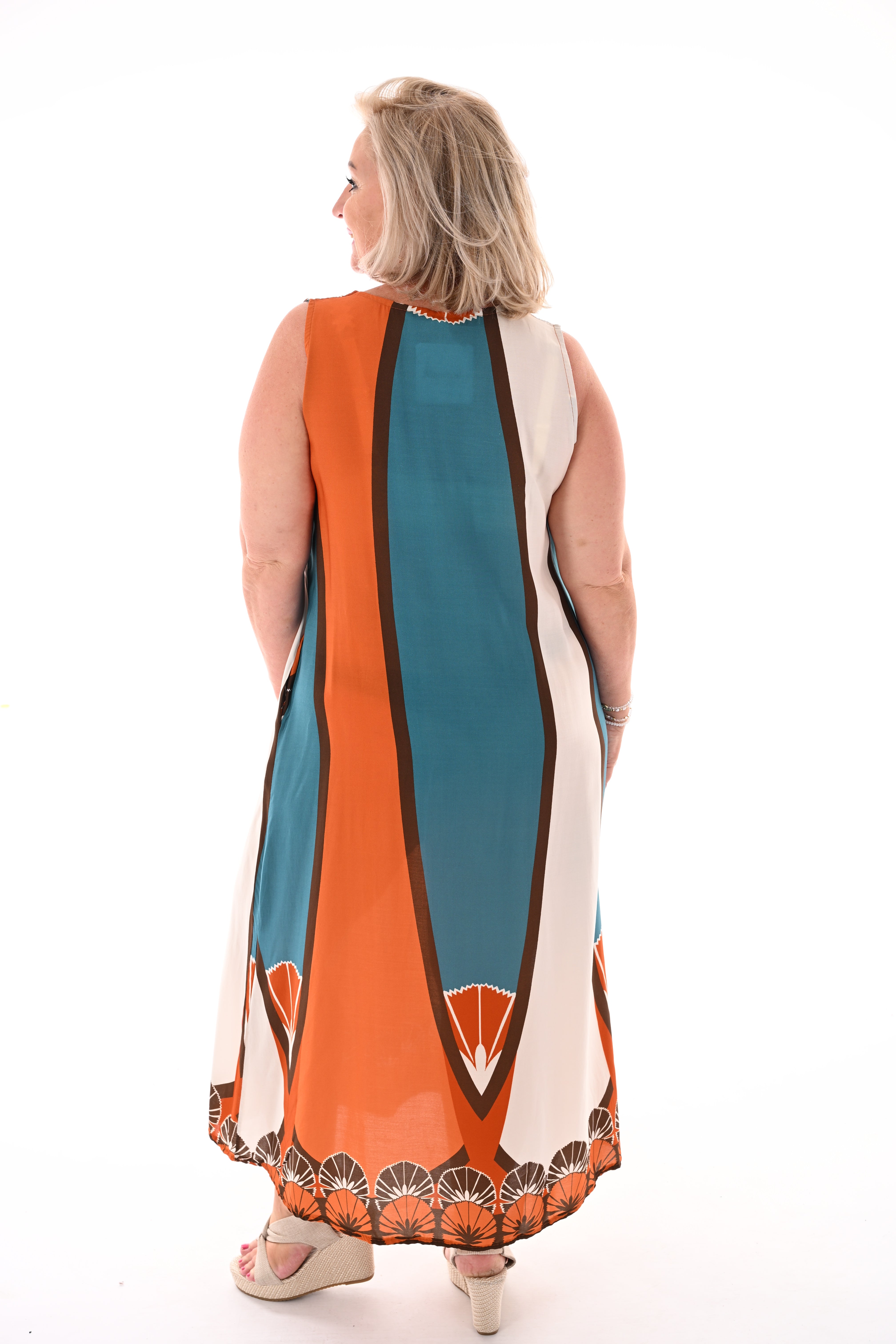 Maxi jurk mouwloos waaiers petrol/oranje