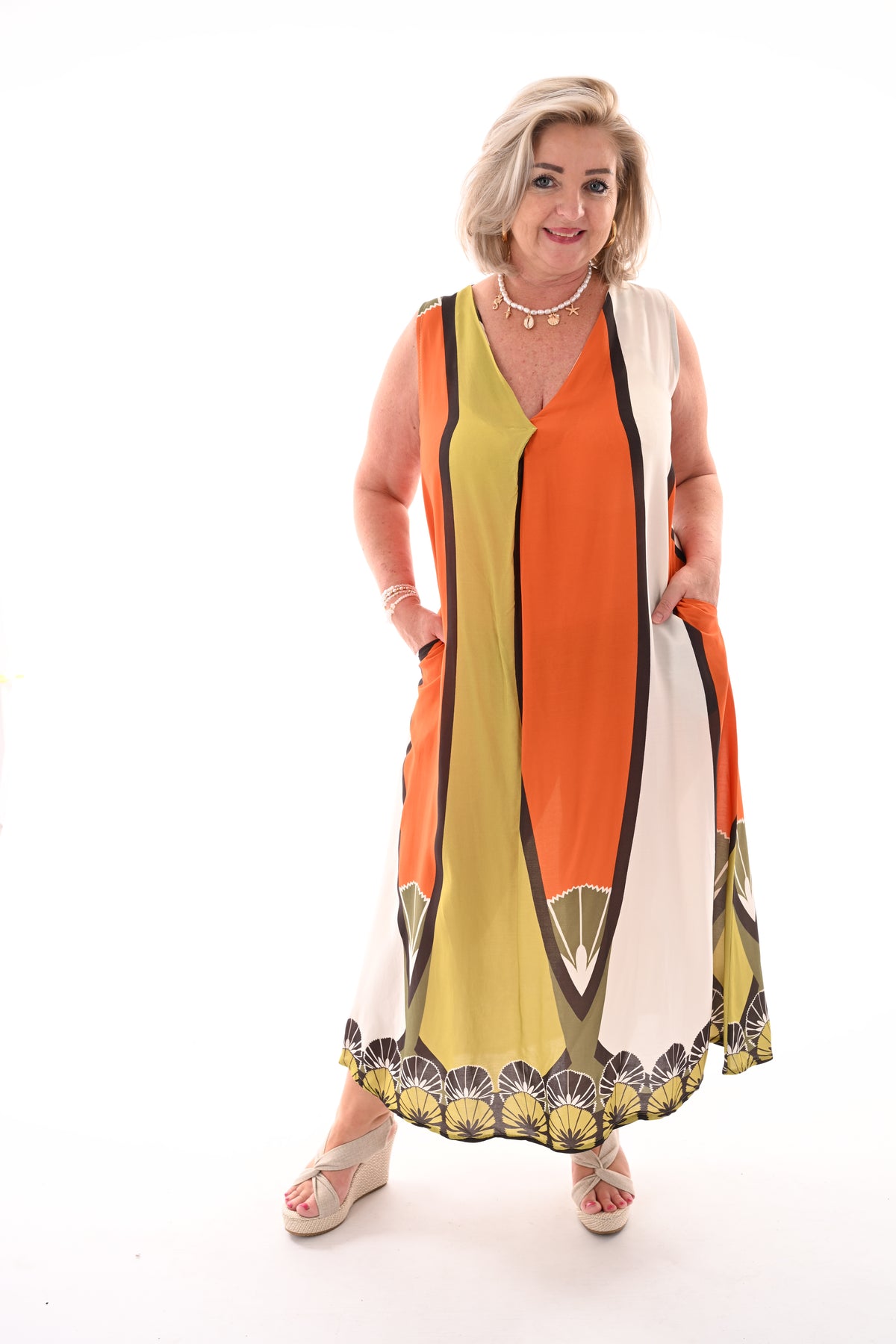 Maxi jurk mouwloos waaiers lime/oranje