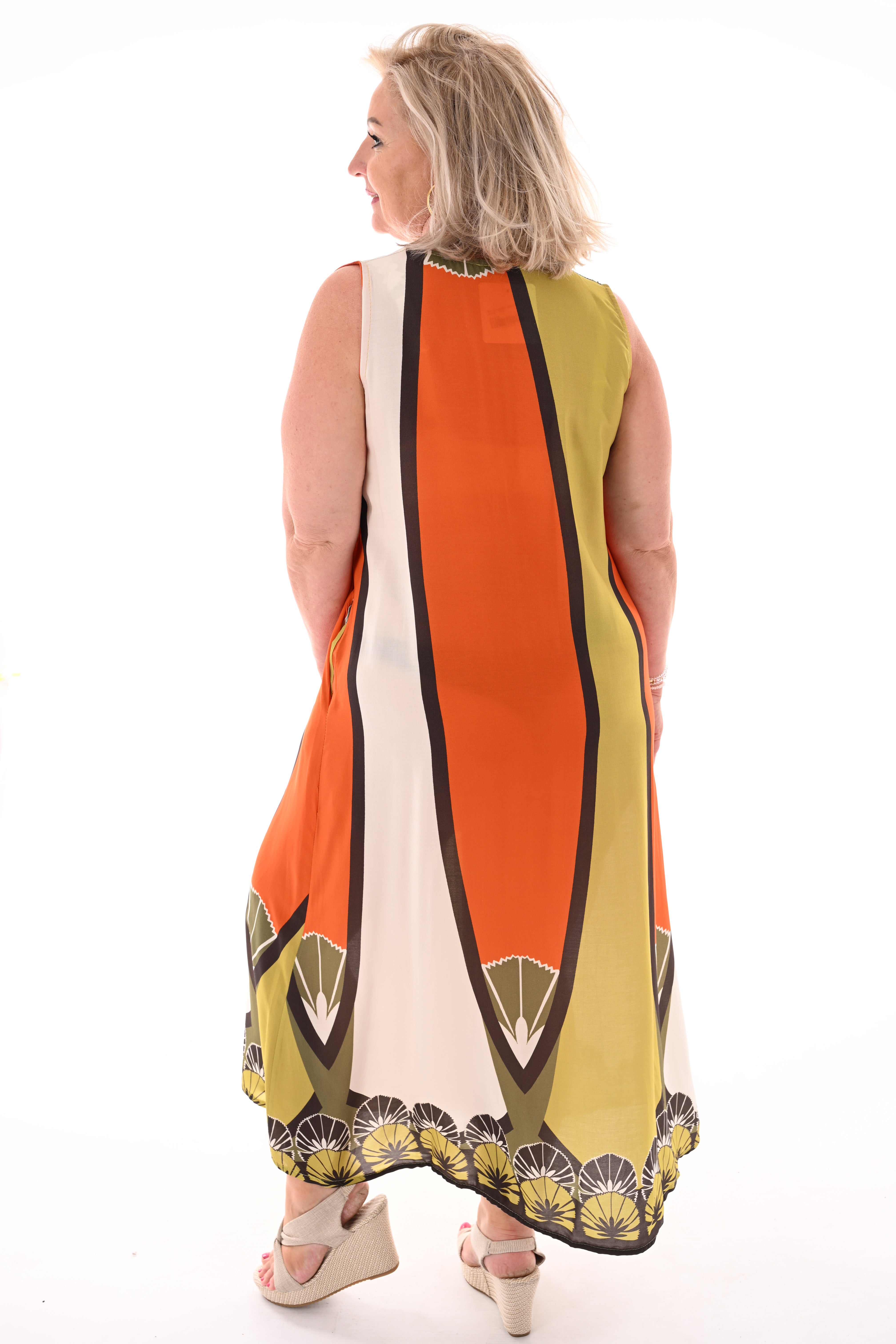 Maxi jurk mouwloos waaiers lime/oranje