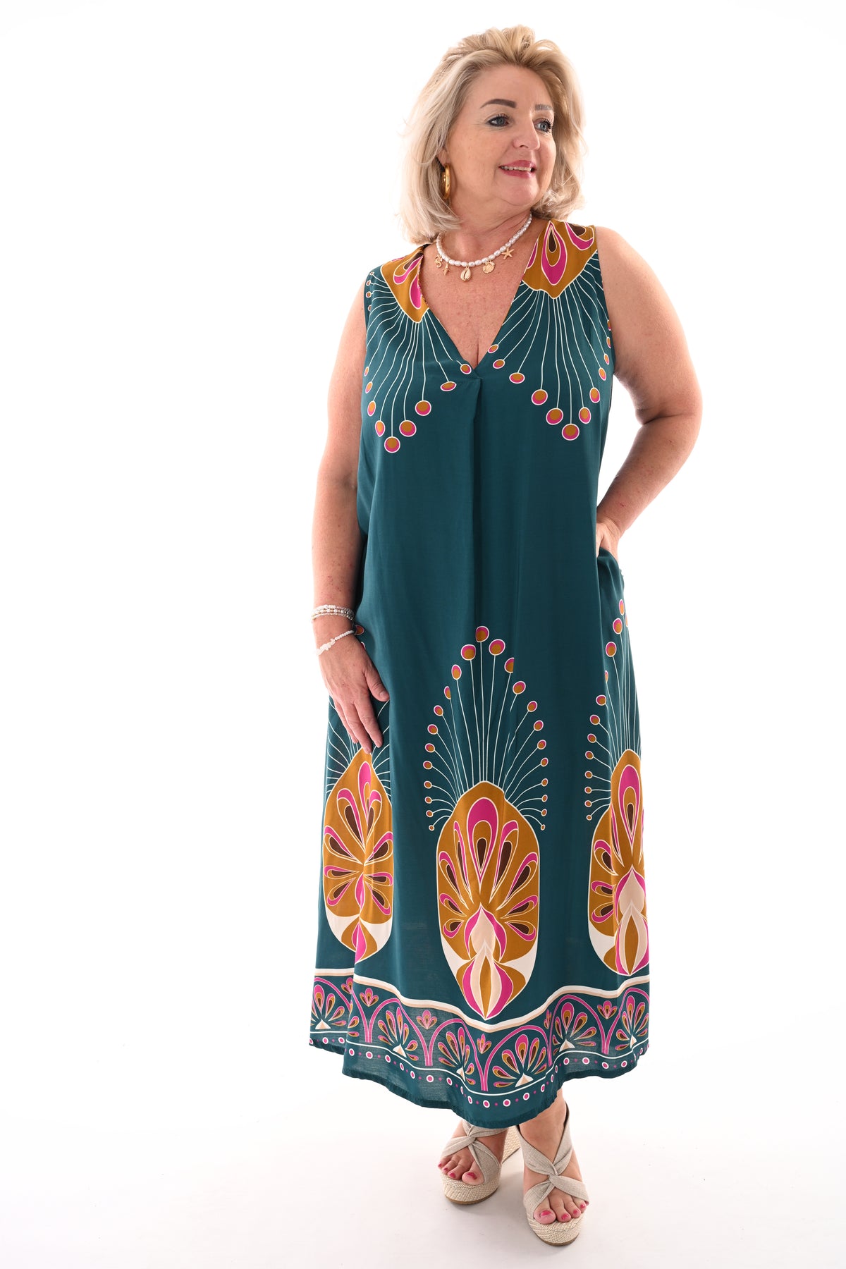 Jurk v-hals retro print petrol