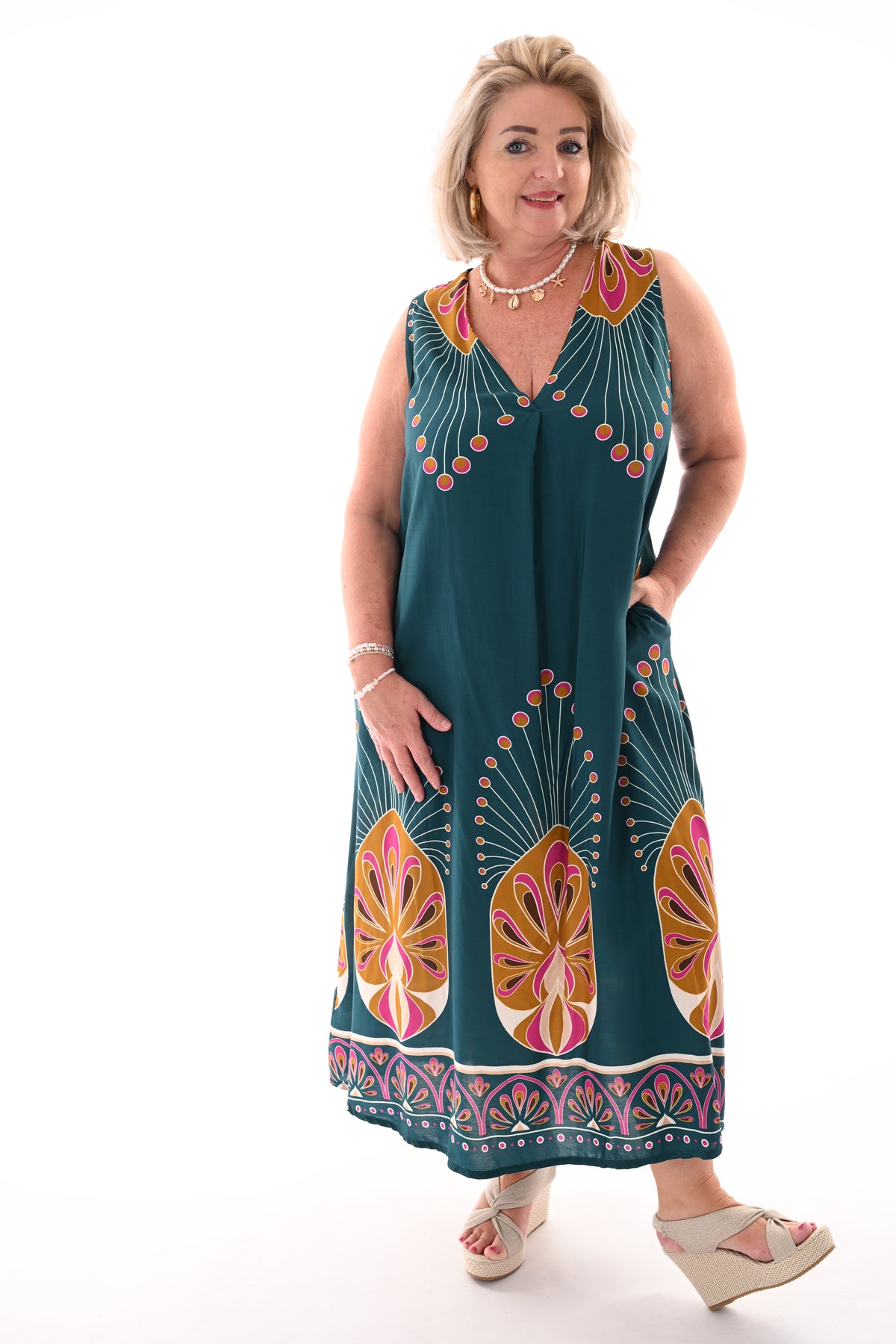 Jurk v-hals retro print petrol