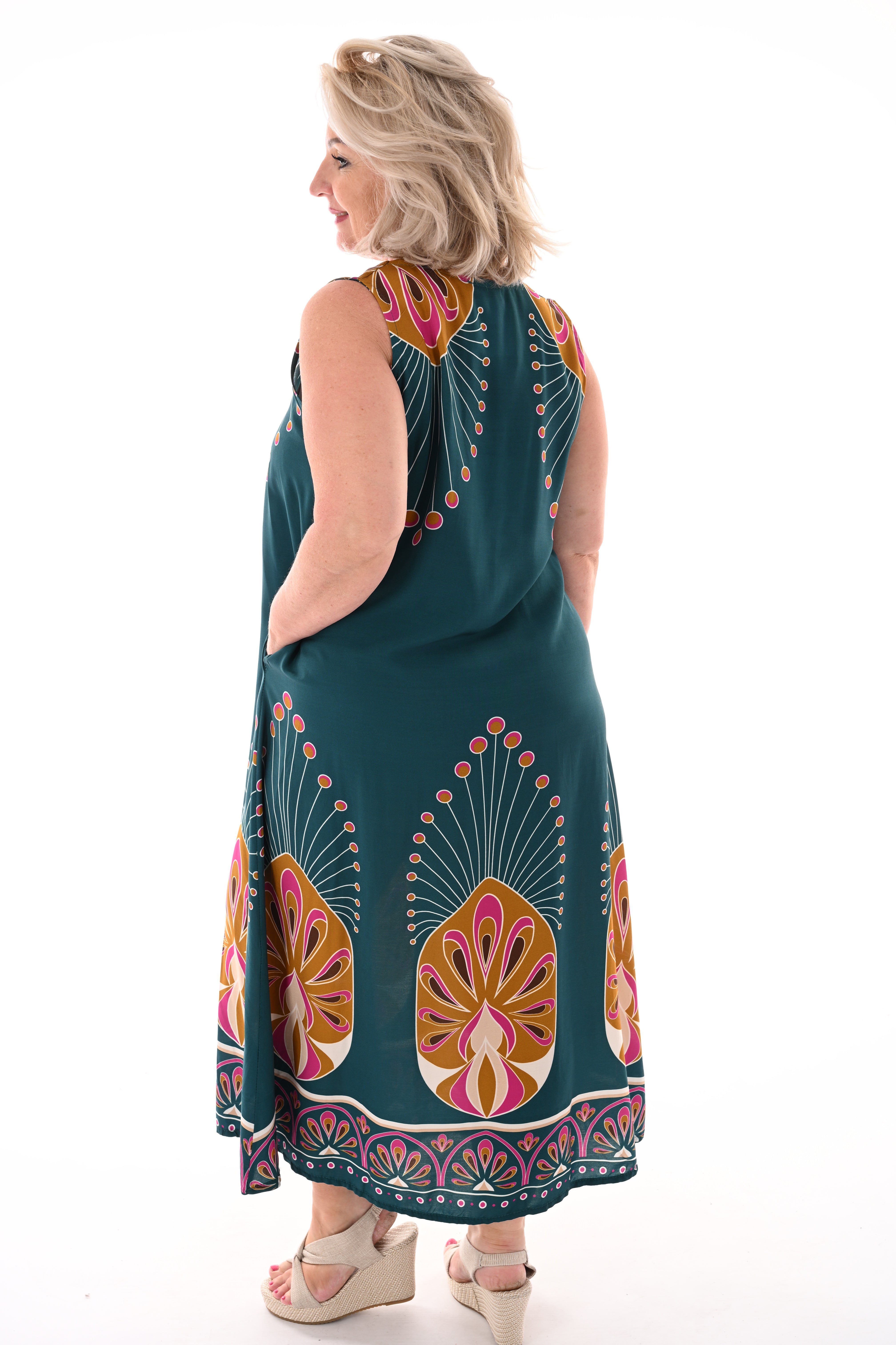 Jurk v-hals retro print petrol