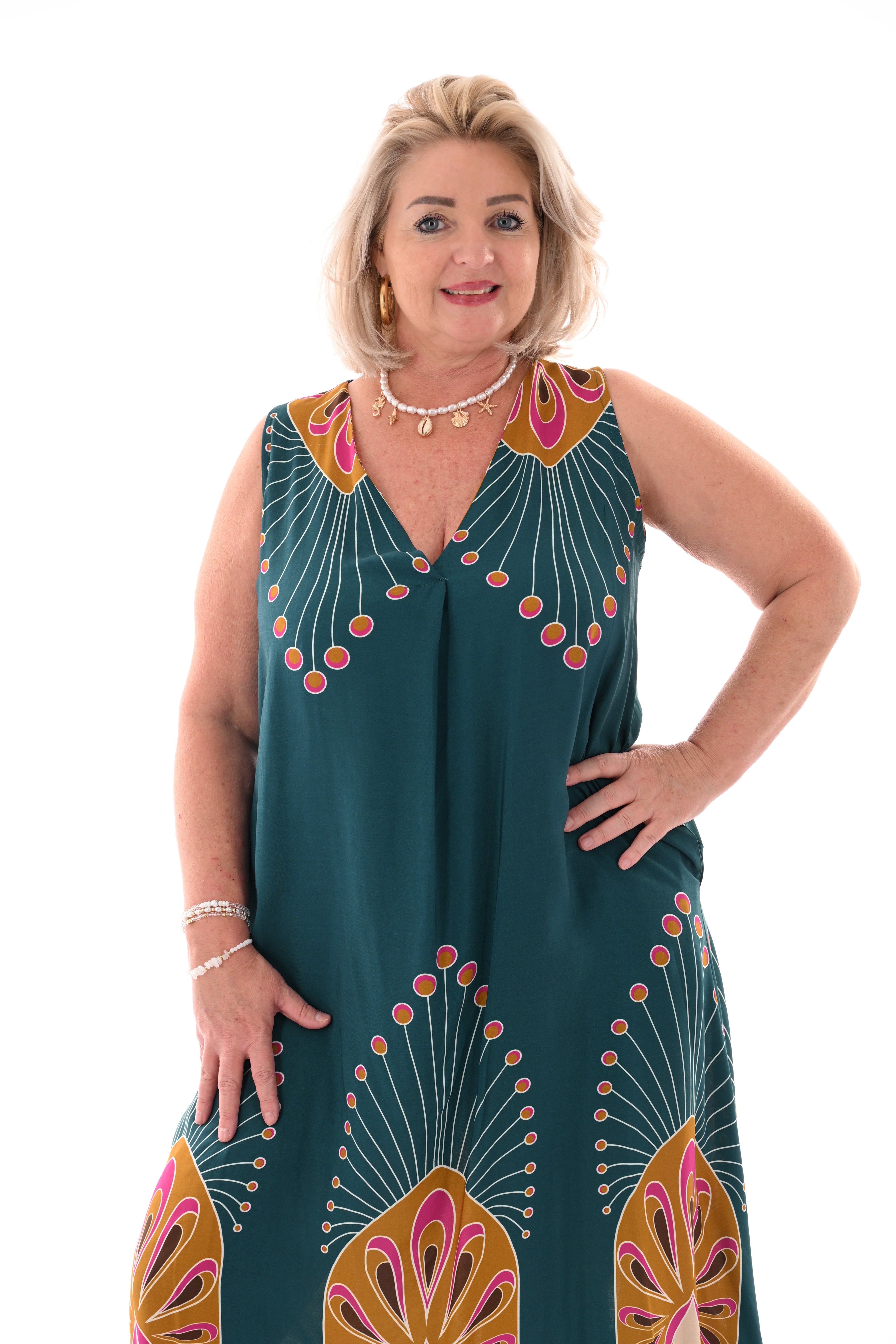 Jurk v-hals retro print petrol