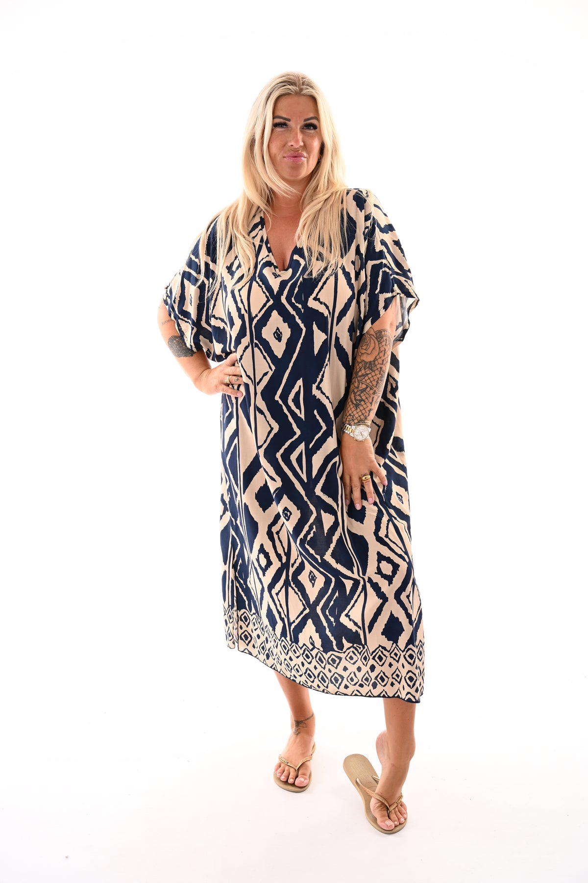 Lange jurk v-hals met ruiten marineblauw/beige