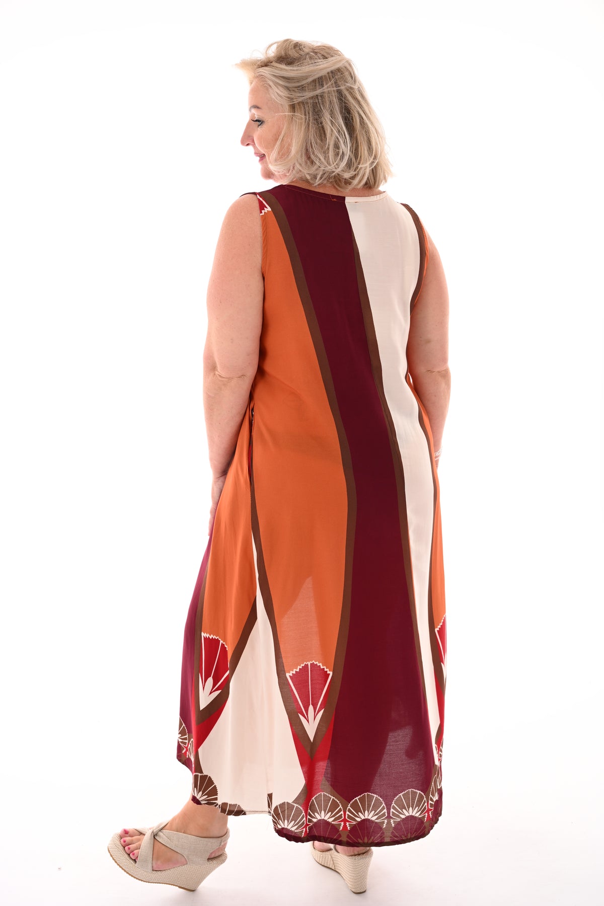 Maxi jurk mouwloos waaiers oranje/bordeaux