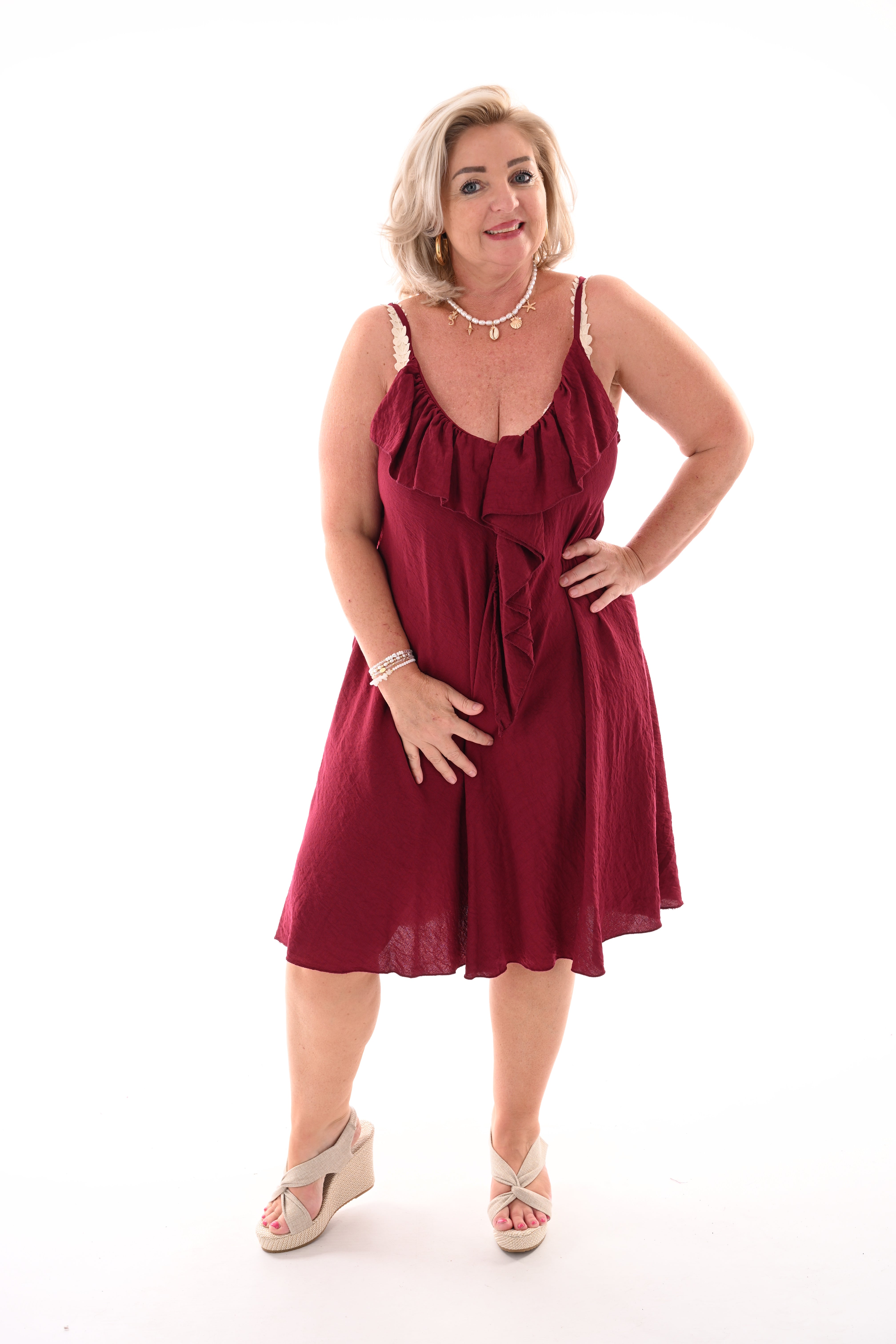 Kort jurkje spaghetti bandjes roezel bordeaux